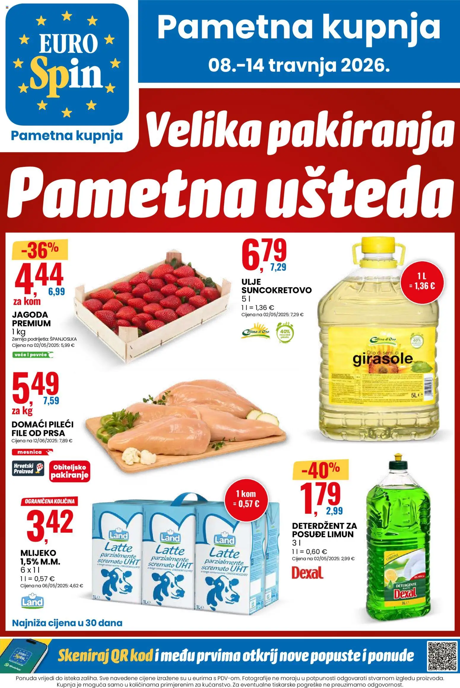 Eurospin katalog | vrijedi od 08.04.2026 | Stranica: 1 | Proizvodi: Pileći file, Deterdžent, Povrće, Voće