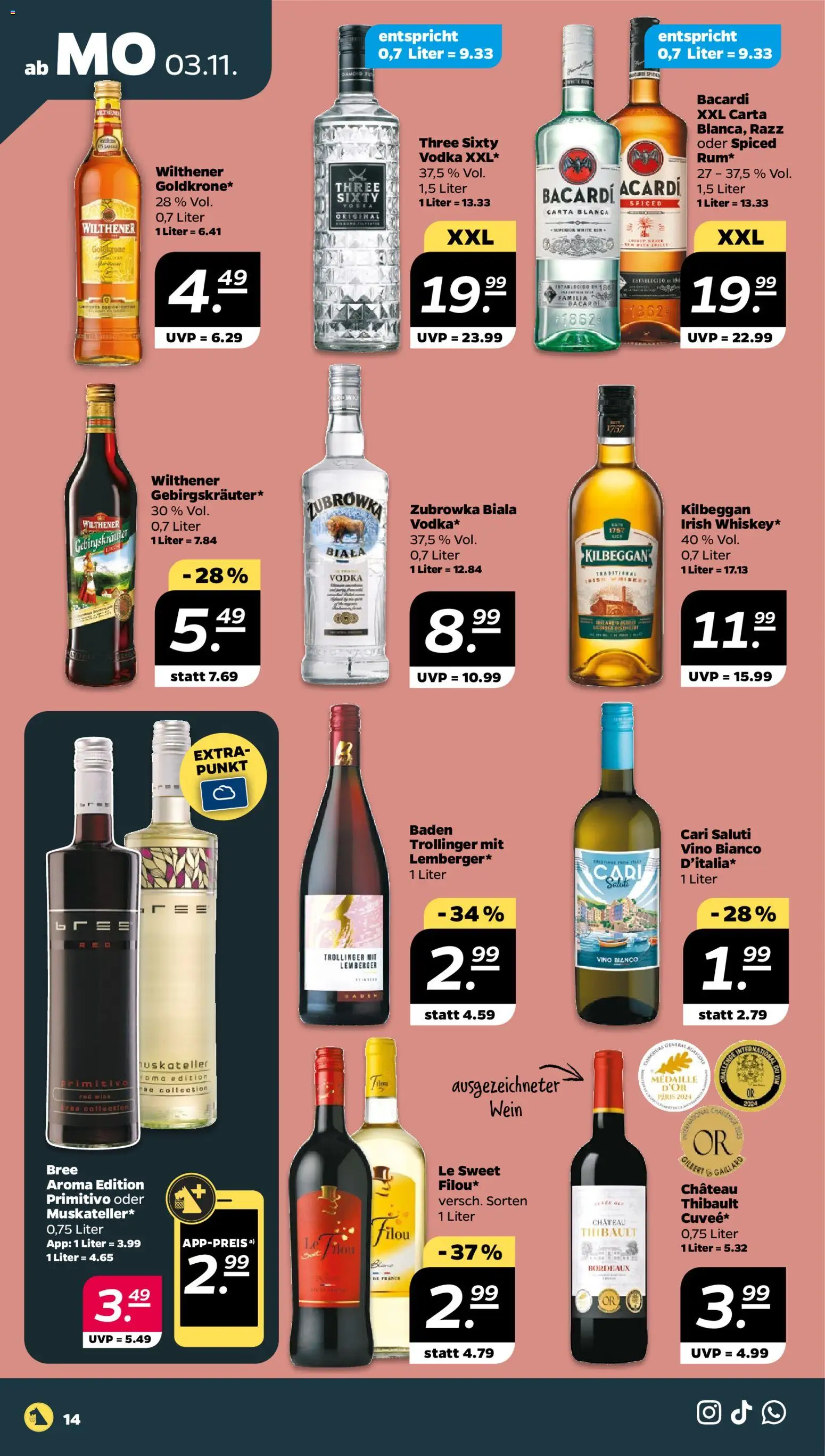 Netto Prospekt 	 – gültig ab 02.11.2025 | Seite: 14 | Produkte: Bacardi, Wilthener, Bree, Vodka