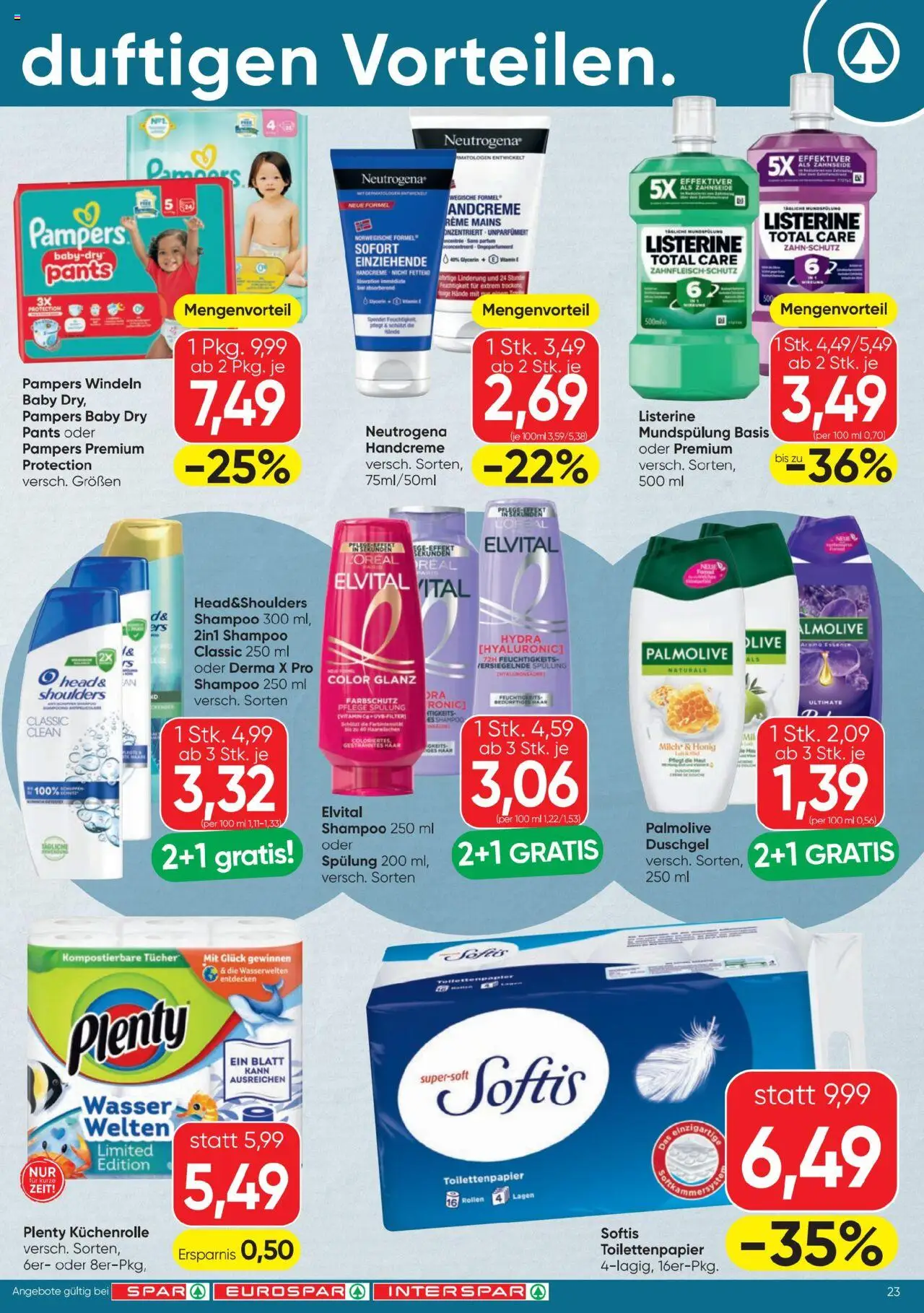 Spar Flugblatt gültig ab 09.10.2025 | Seite: 23 | Produkte: Wasser, Shampoo, Spülung, Duschgel