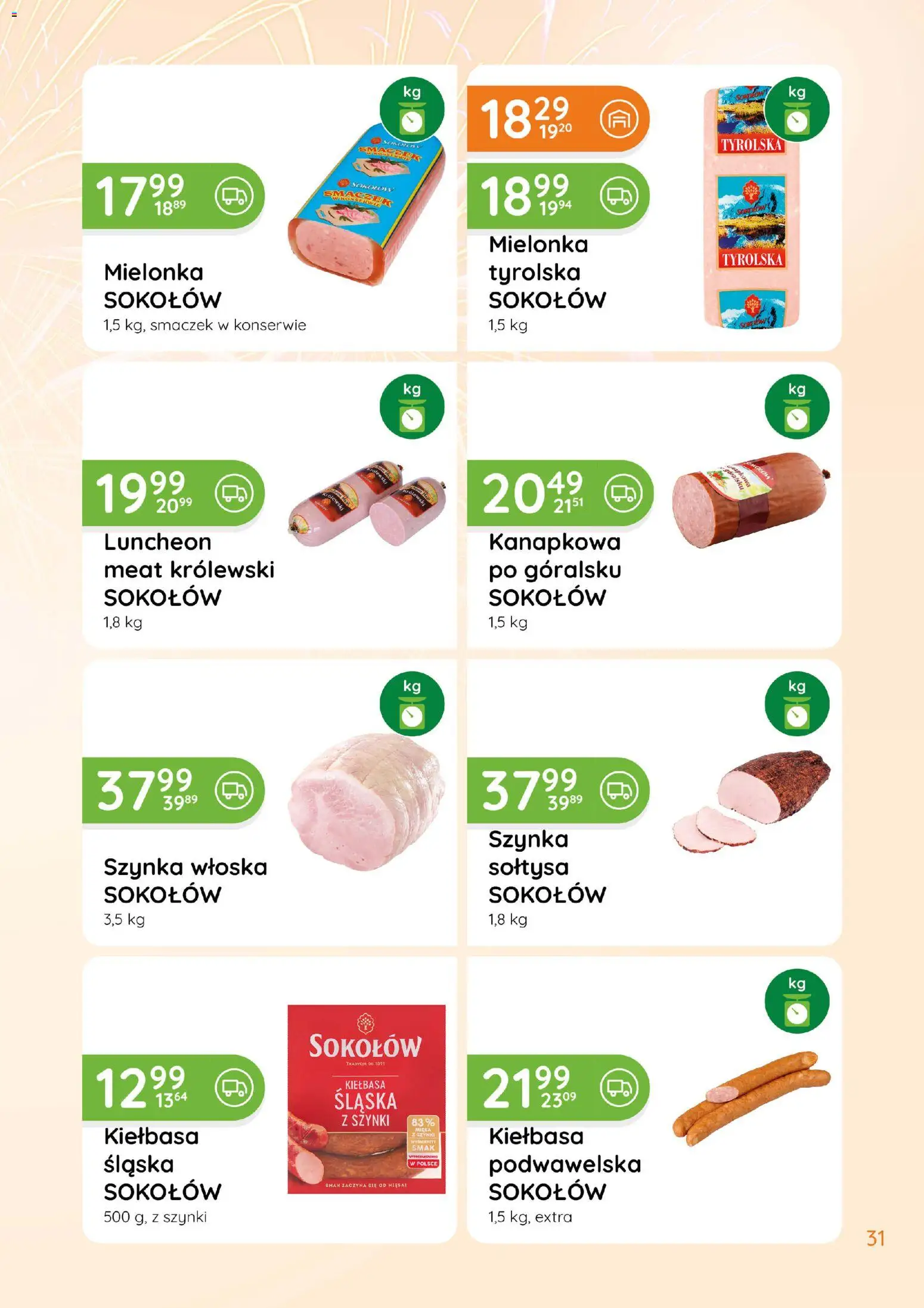 Eurocash Gazetka - Katalog Wędliny od 01.01.2026 | Strona: 31 | Produkty: Kiełbasa, Mielonka tyrolska, Szynka, Kiełbasa śląska