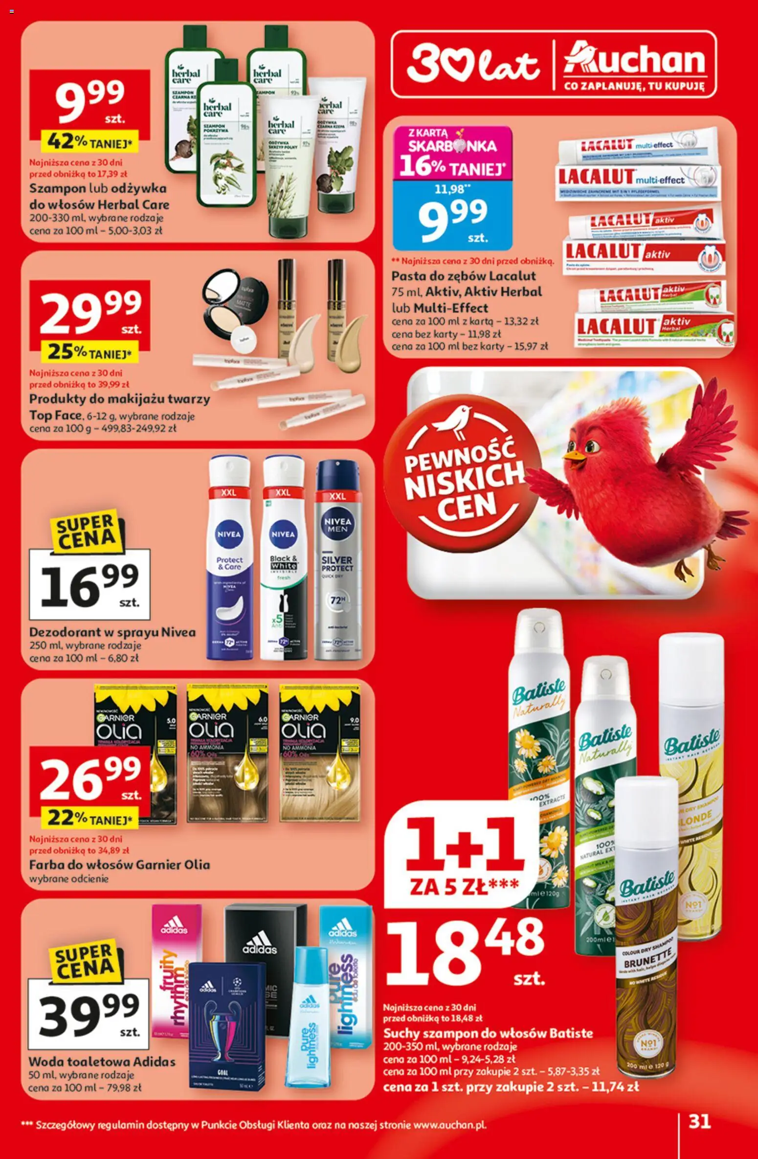 Auchan Gazetka - 30 Lat Hipermarket od 29.01.2026 | Strona: 31 | Produkty: Dezodorant, Pasta do zębów, Woda, Suchy szampon