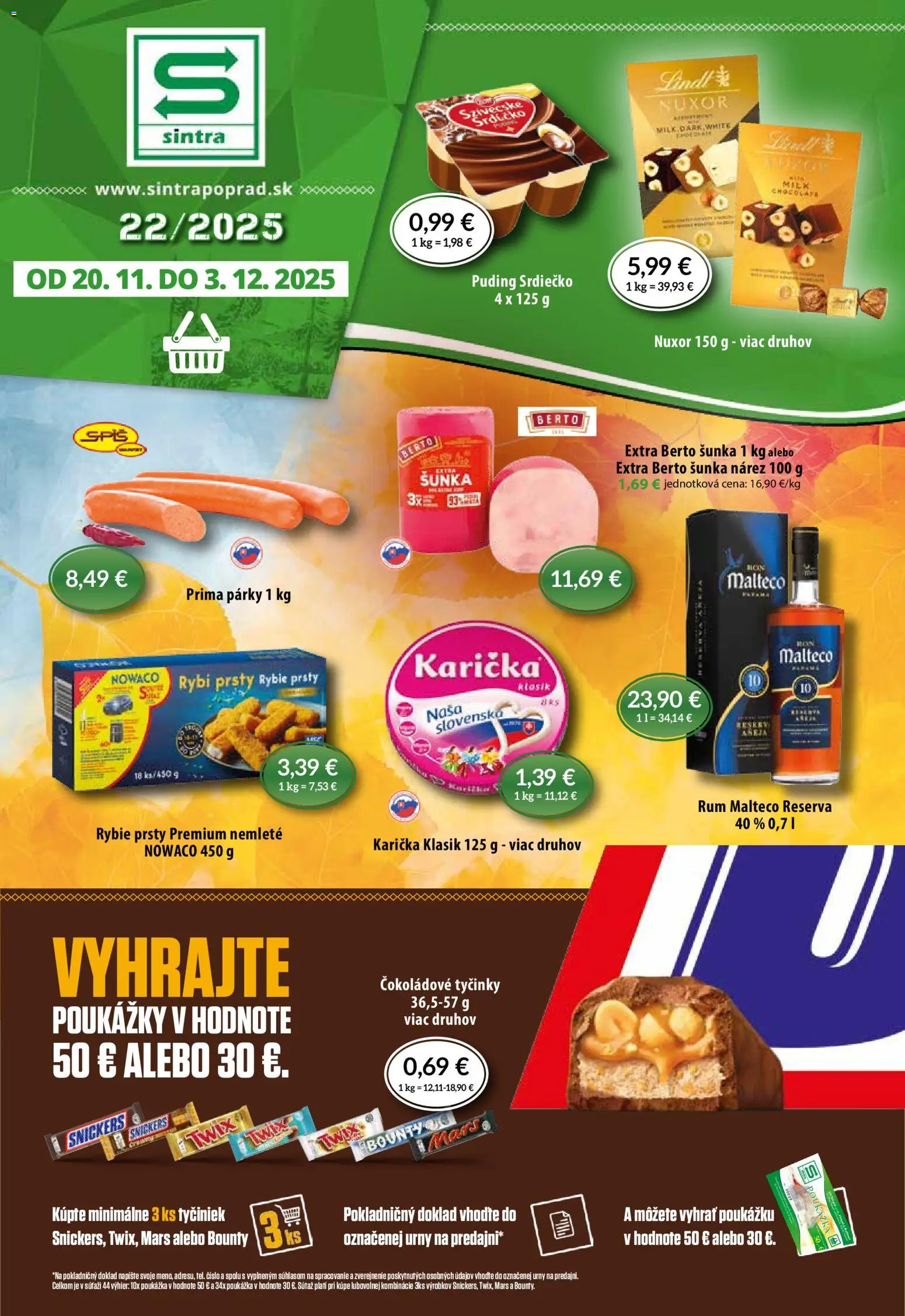 Nové Sintra akcie – leták je platný od 20.11.2025 | Strana: 1 | Produkty: Šunka, Puding, Párky, Rum