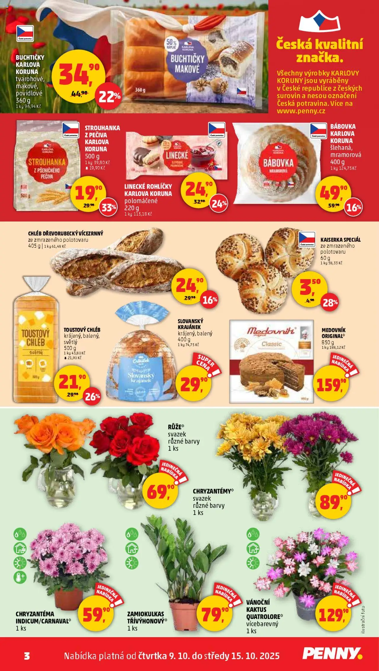Penny Market leták - Čtvrtečník od 09.10.2025 | Strana: 3 | Produkty: Kaiserka, Chléb, Medovník, Toustový chléb