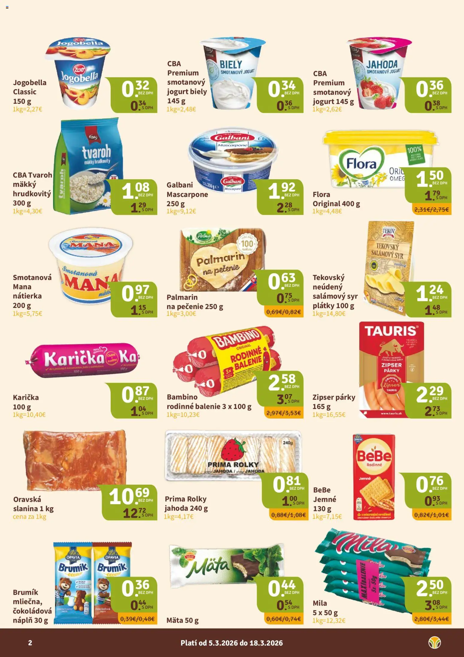 Nové Nitrazdroj akcie – leták je platný od 05.03.2026 | Strana: 2 | Produkty: Syr, Tvaroh, Mila, Párky