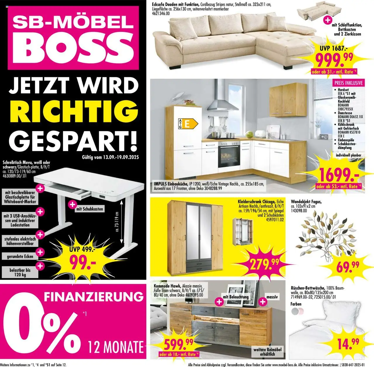 SB Möbel Boss Prospekt Neubrandenburg	 – gültig ab 13.09.2025 | Seite: 1 | Produkte: Ecksofa, Kommode, Spiegel, Kochfeld