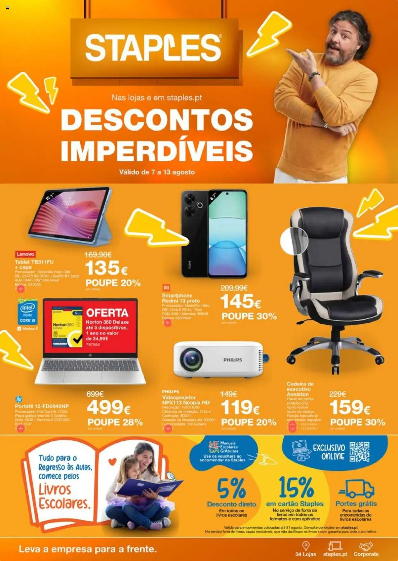 Staples folheto │ válido de 07.08.2025 | Página: 1 | Produtos: Smartphone, Cadeira, Bateria, Tablet