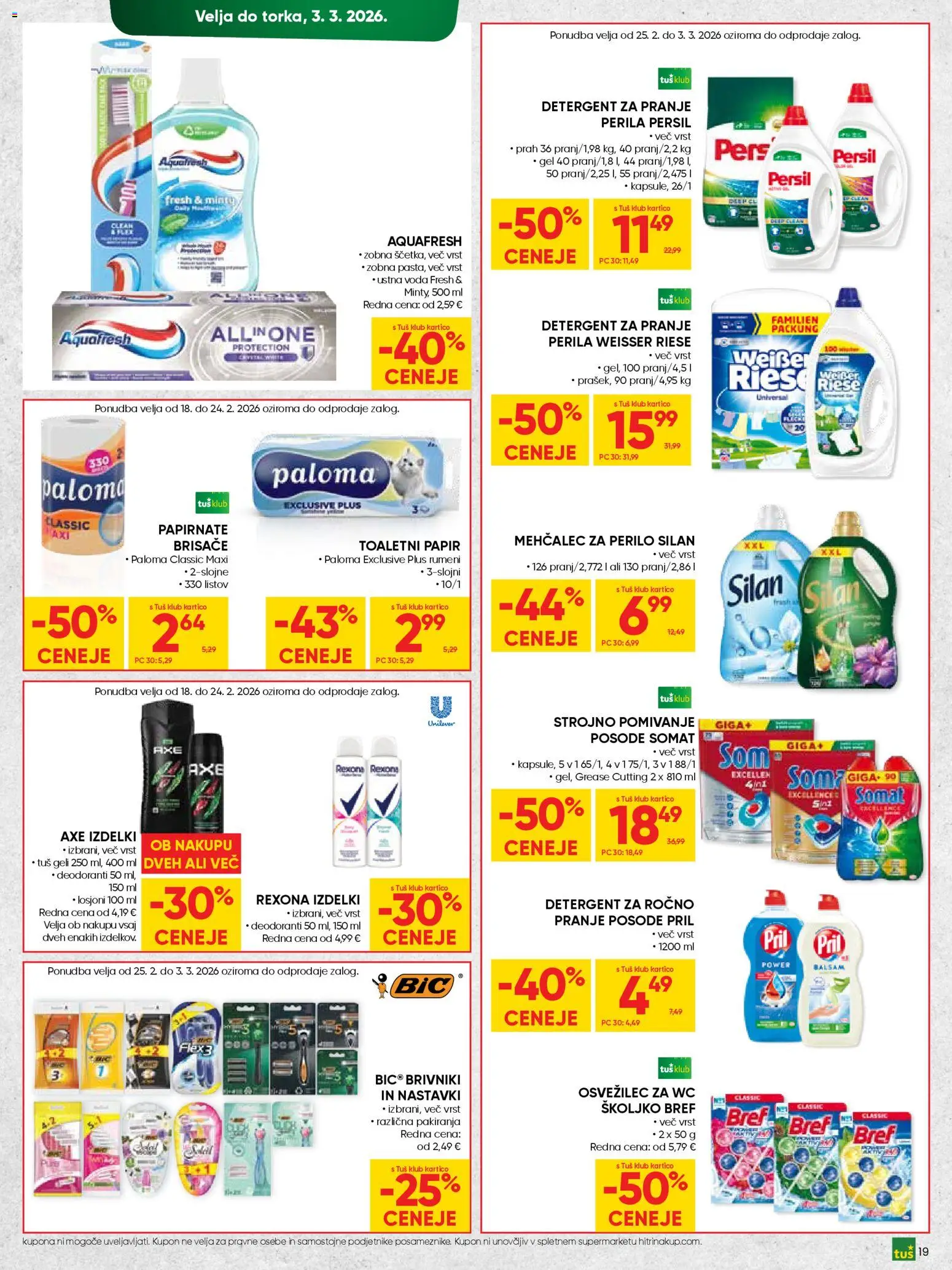 Novi Tuš katalog ponudbe – veljaven od 18.02.2026 | Stran: 19 | Izdelki: Mehčalec, Toaletni papir, Mehcalec za perilo, Voda