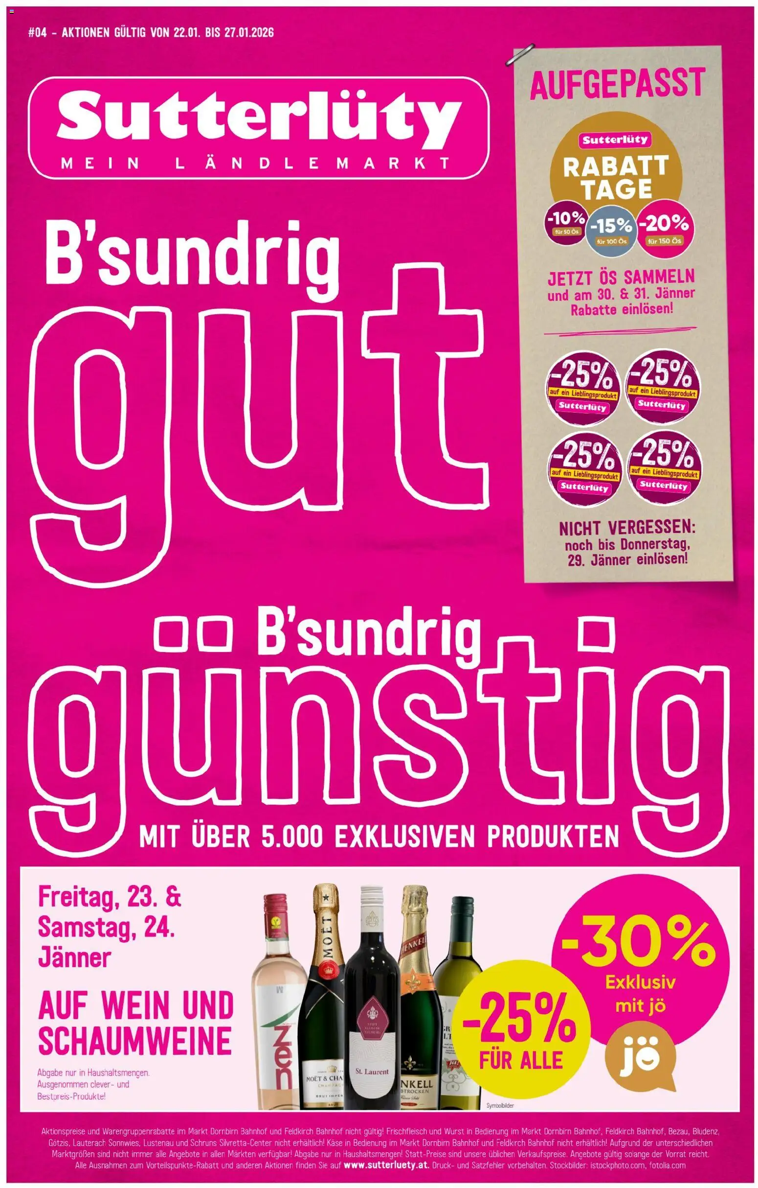 Sutterlüty Flugblatt gültig ab 22.01.2026 | Seite: 1 | Produkte: Wurst, Käse, Wein