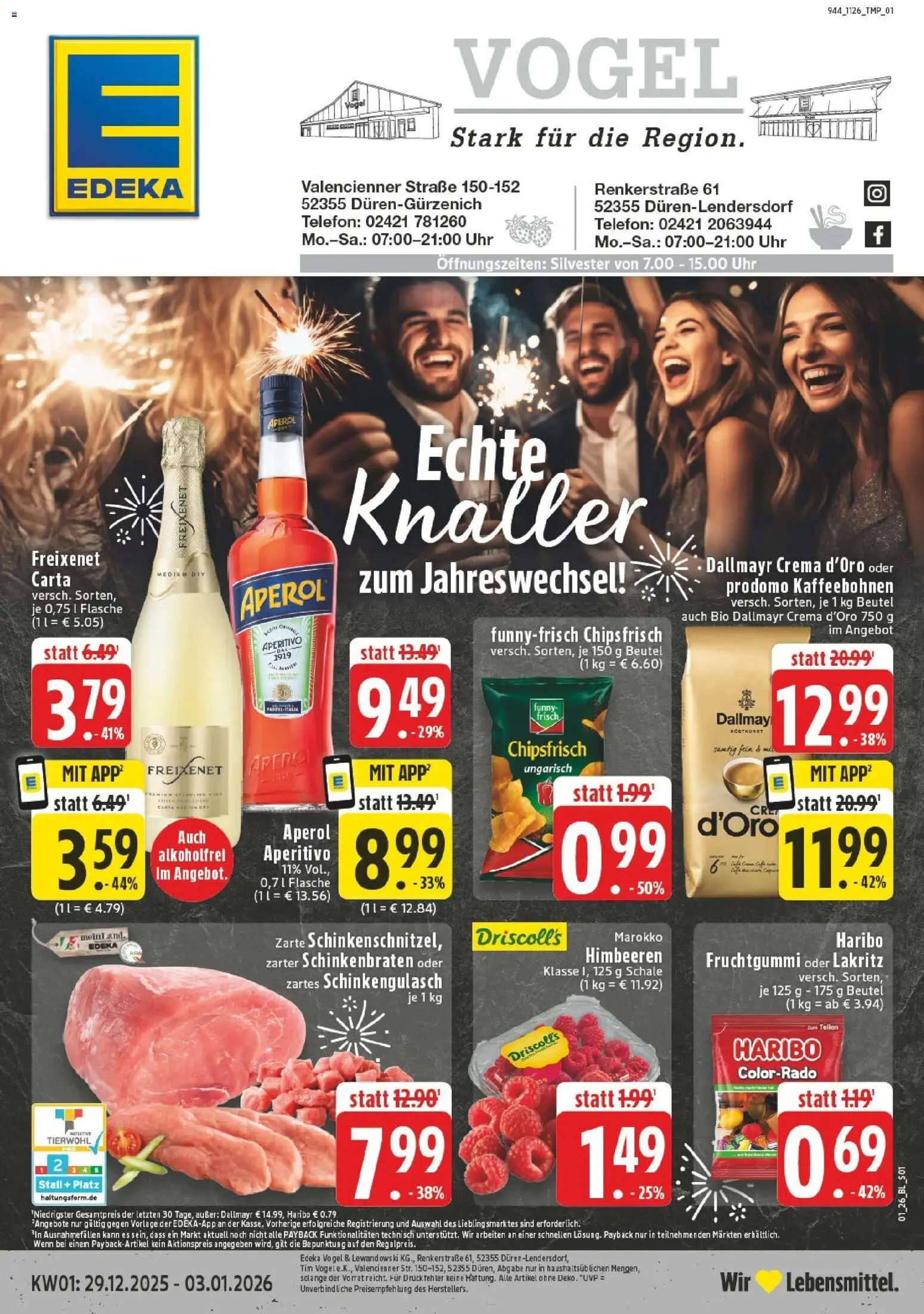 Edeka prospekt Düren	 – gültig ab 28.12.2025 | Seite: 1 | Produkte: Freixenet, Dallmayr, Aperol, Uhr