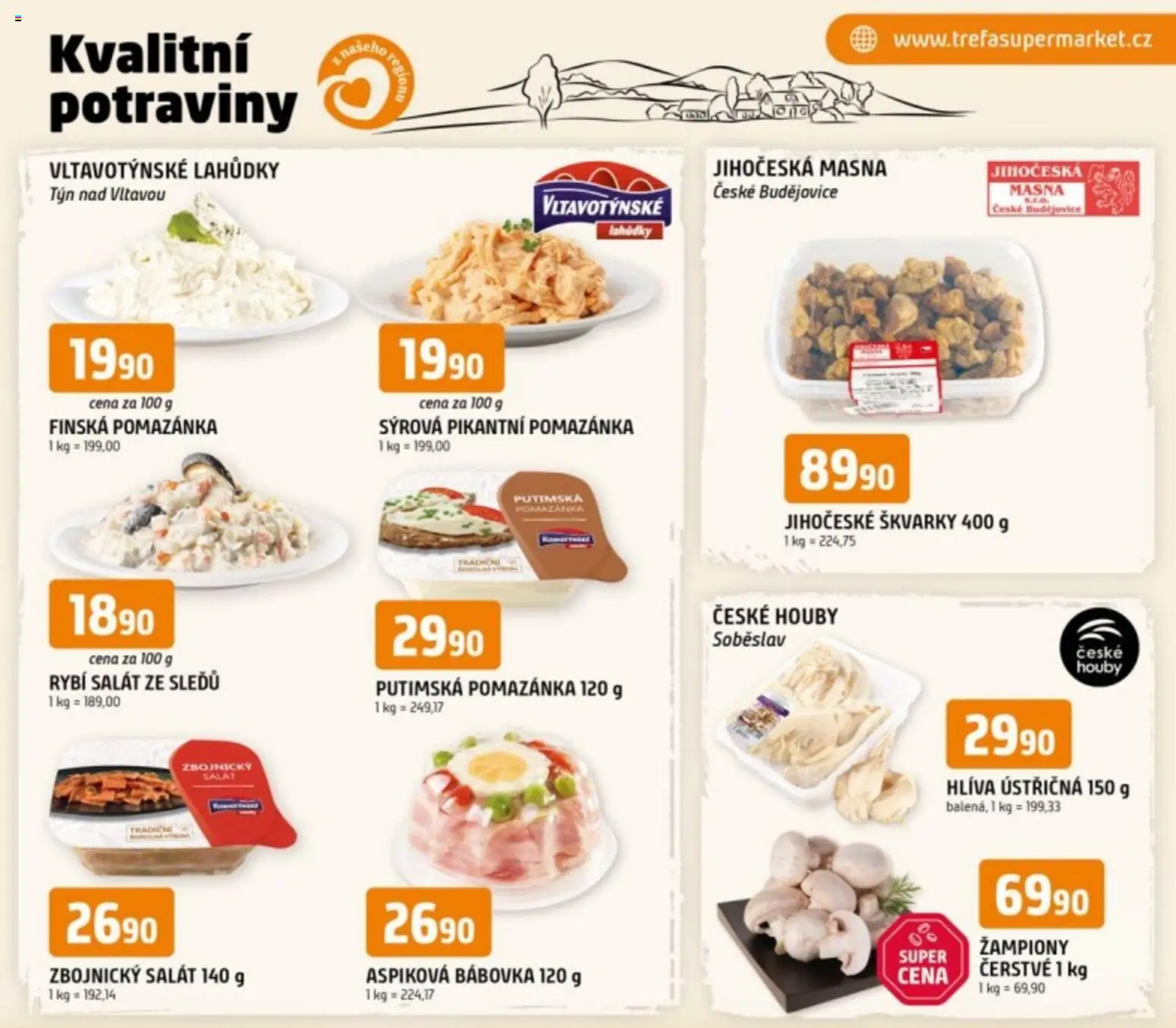 Trefa leták - Kvalitní potraviny z našeho regionu od 21.01.2026 | Strana: 1 | Produkty: Žampiony, Hlíva ústřičná, Salát, Bábovka