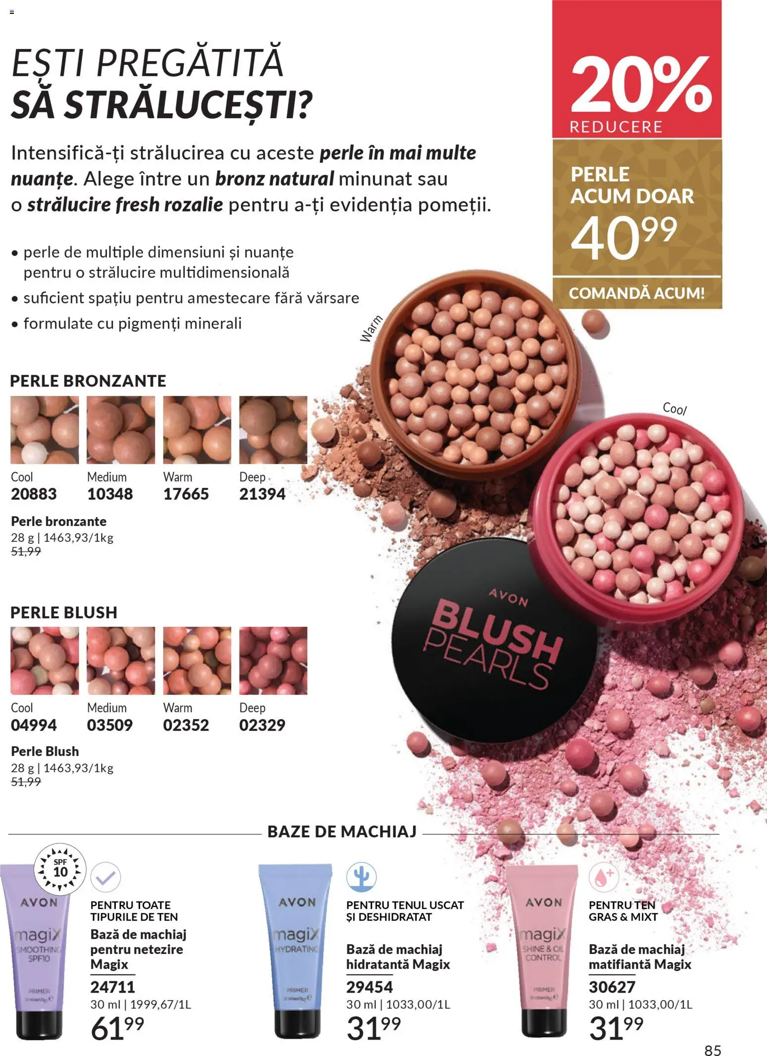 Noul catalog Avon – valabil de la 01.12.2025 | Pagină: 85 | Produse: Perle bronzante, Bază de machiaj, Akrilik boya, Machiaj