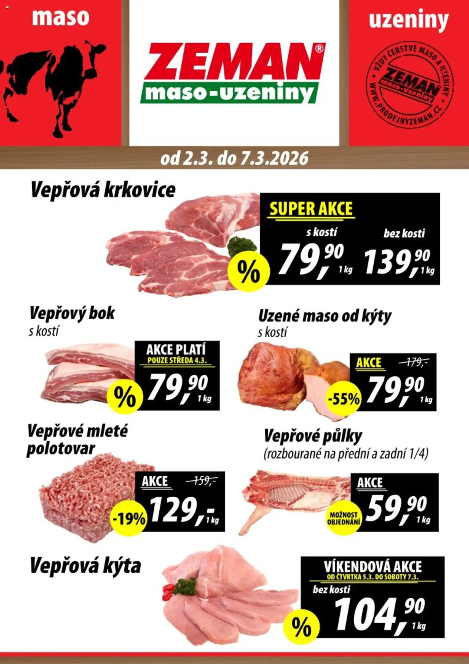 Prodejny Zeman leták od 02.03.2026 | Strana: 1 | Produkty: Uzené maso, Vepřové půlky, Uzeniny, Krkovice