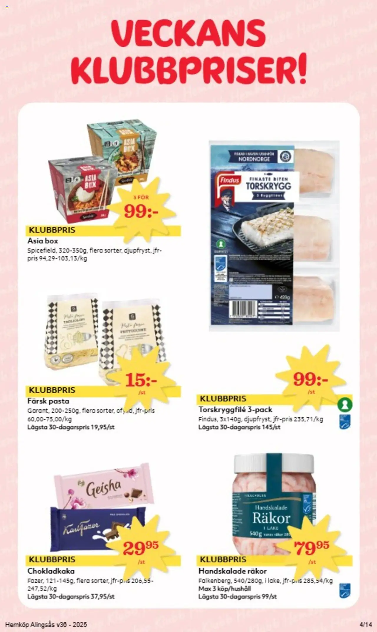 Hemköp reklamblad aktuell från 01.09.2025 | Sida: 4 | Produkter: Chokladkaka, Räkor, Pasta