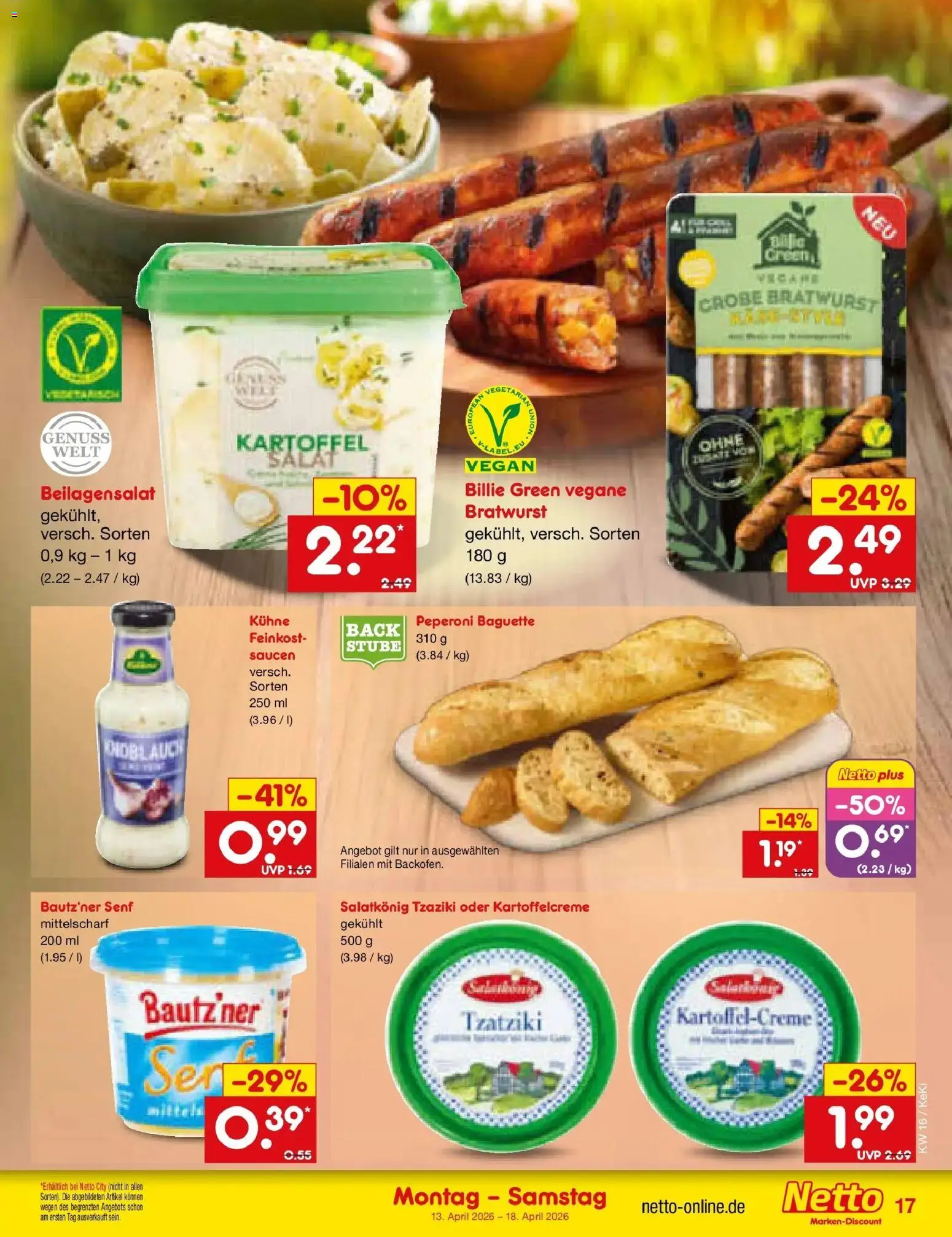 Netto Marken-Discount Prospekt Kruft	 – gültig ab 13.04.2026 | Seite: 19 | Produkte: Bratwurst, Baguette, Knoblauch, Salat