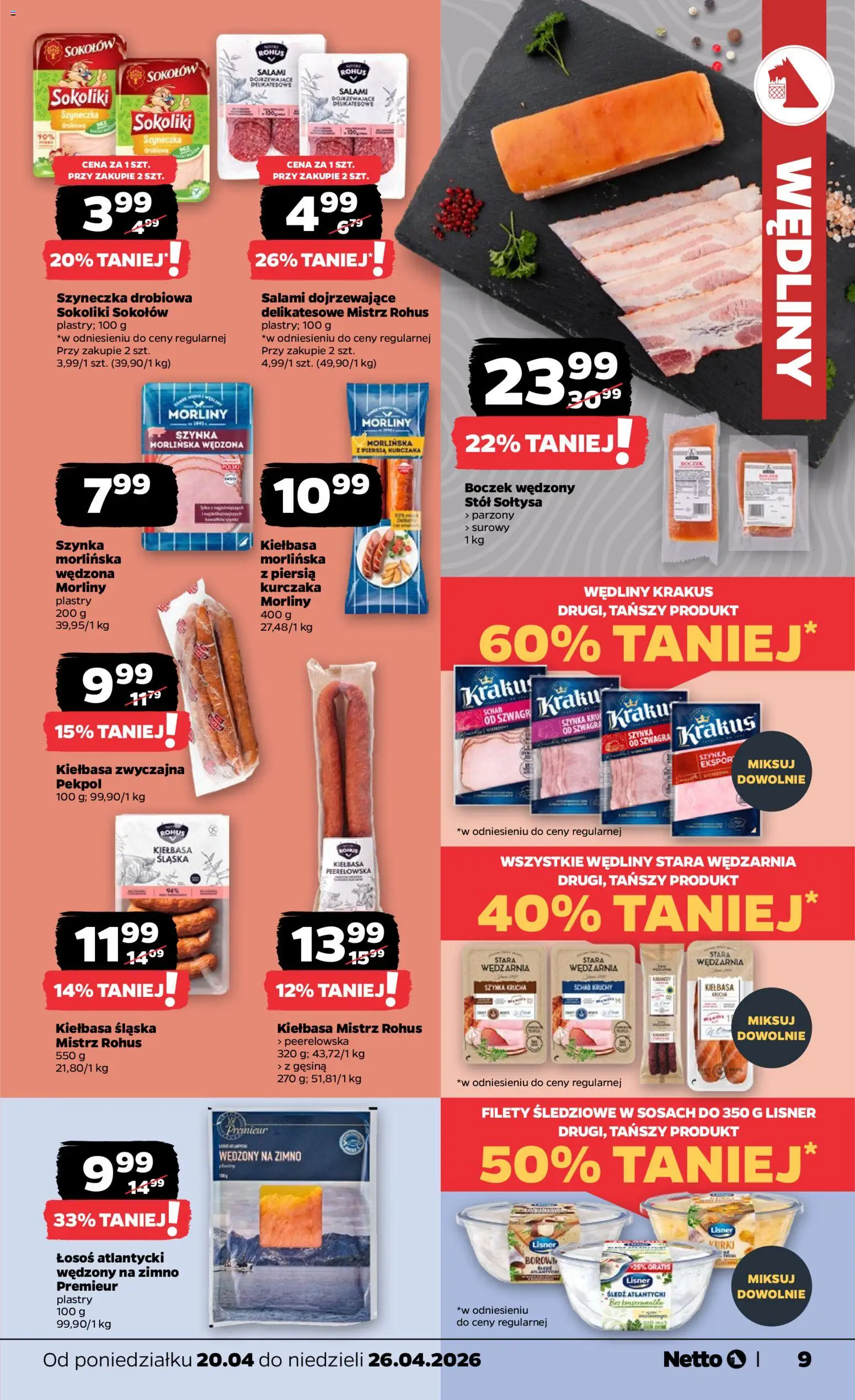 Netto gazetka od poniedziałku spożywcza od 20.04.2026 | Strona: 9 | Produkty: Boczek wędzony, Łosoś, Kiełbasa śląska, Boczek