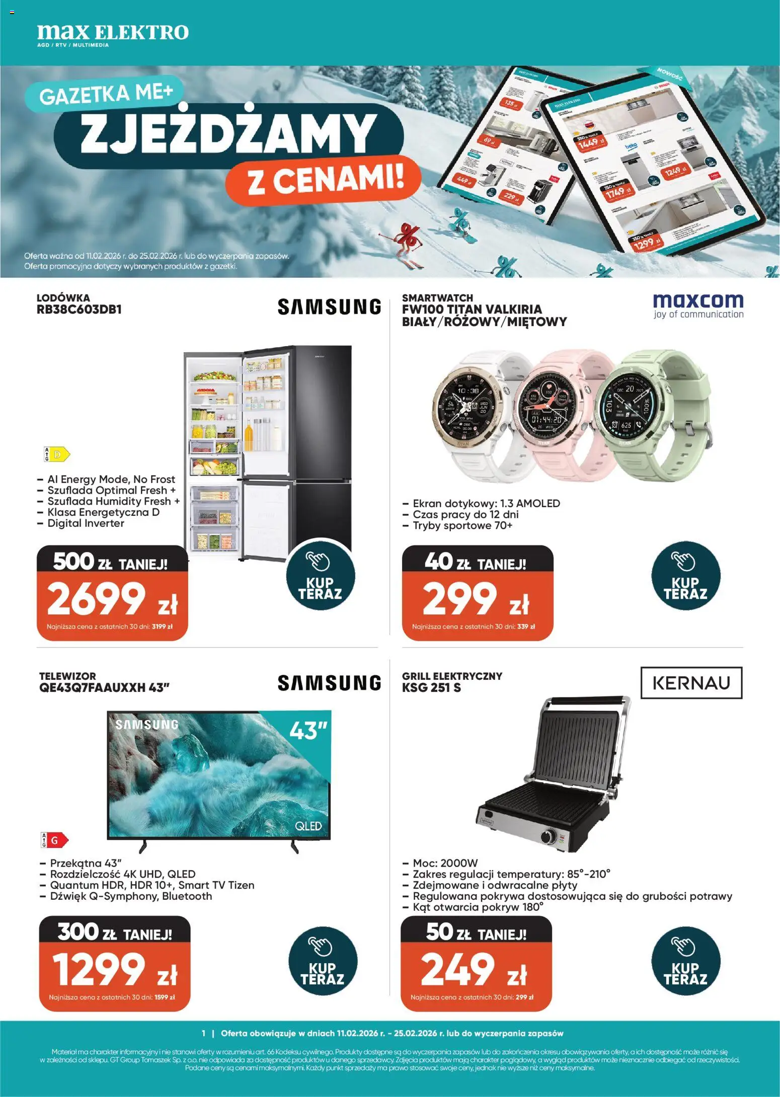 Max elektro Gazetka od 11.02.2026 | Strona: 1 | Produkty: Telewizor, Lodówka, Smartwatch, Plyty