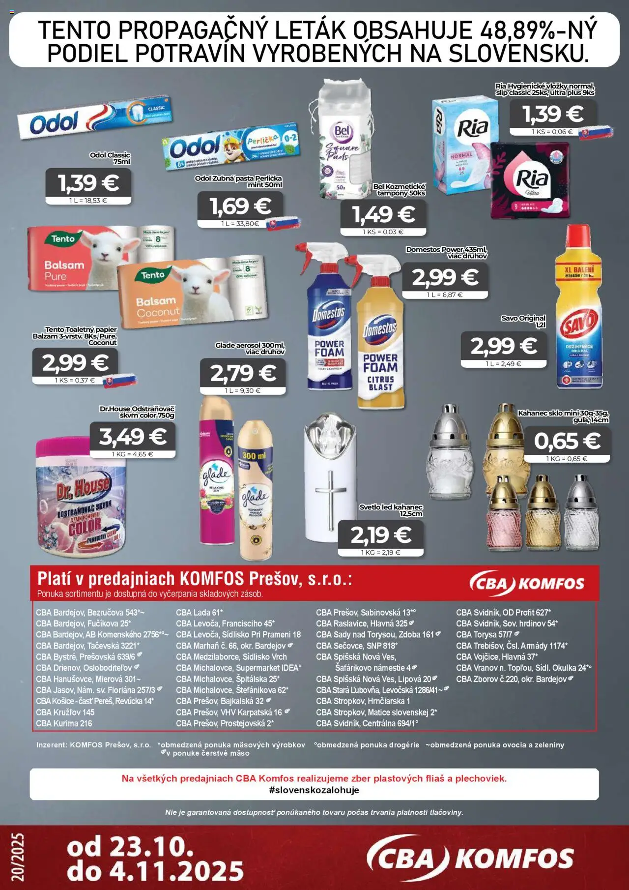 Nové CBA Komfos akcie – leták je platný od 23.10.2025 | Strana: 16 | Produkty: Svetlo, Led, Savo