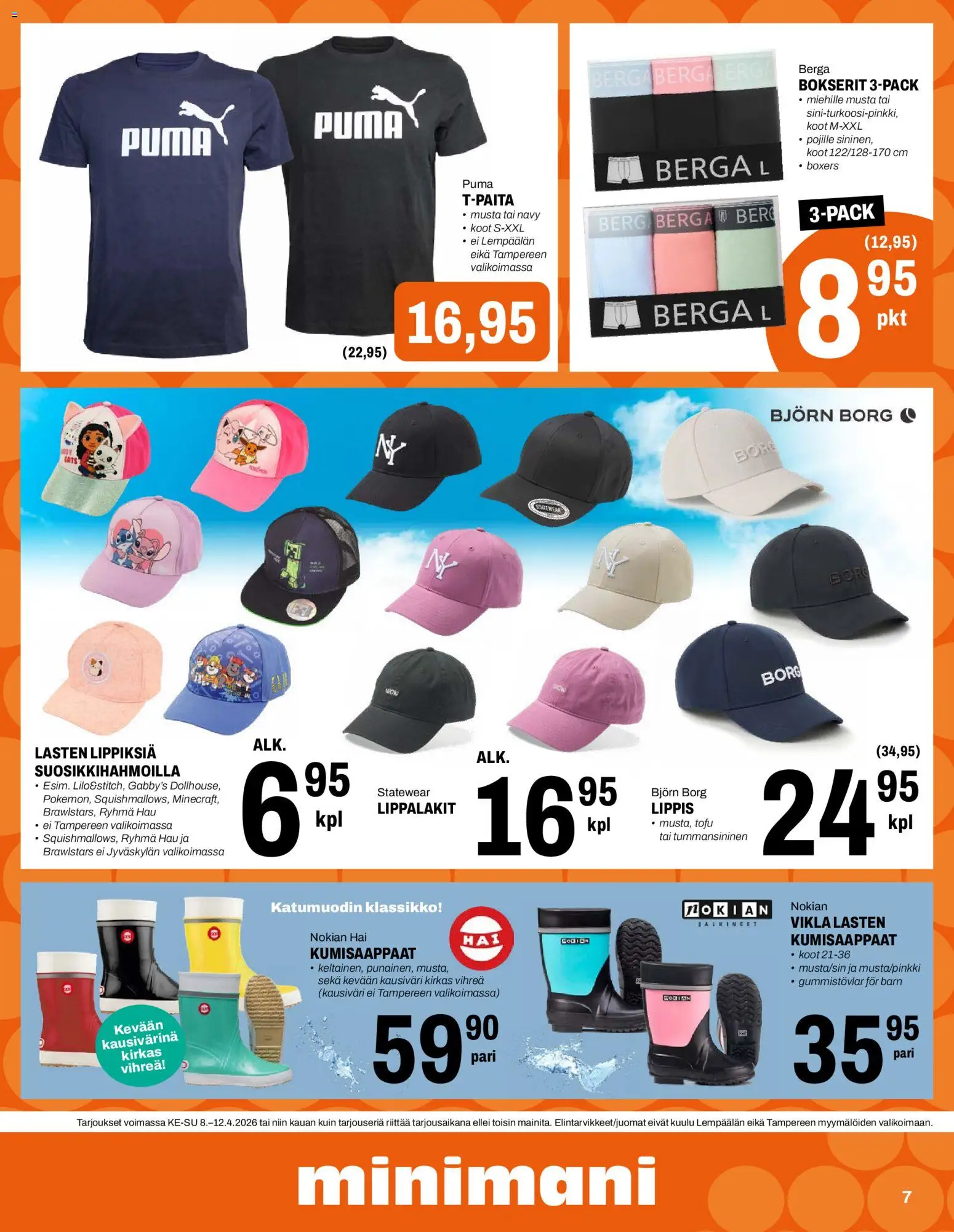 Minimani tarjoukset – voimassa 08.04.2026 alkaen | Sivu: 7 | Tuotteet: Bokserit, Kumisaappaat, Lippis