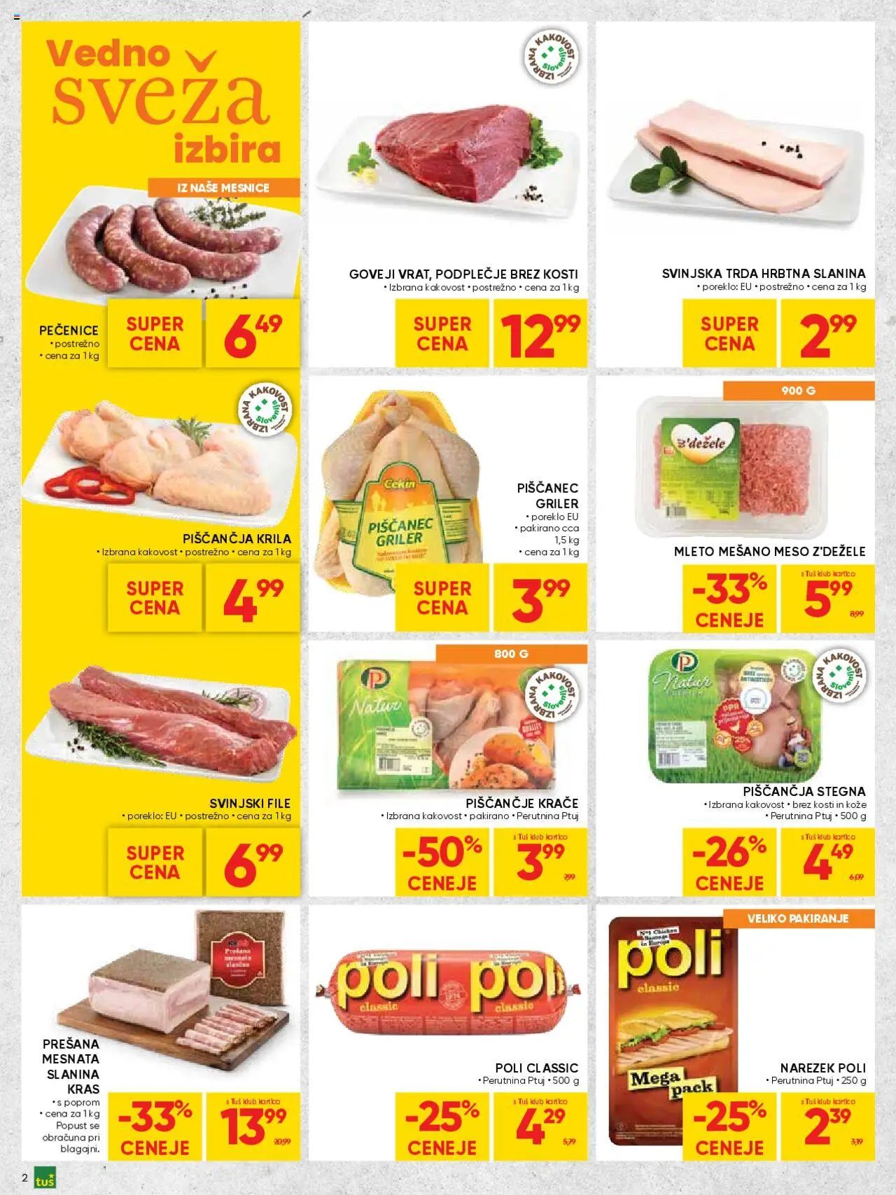 Novi Tuš katalog ponudbe – veljaven od 08.10.2025 | Stran: 2 | Izdelki: Narezek, Piščančja krila, Slanina