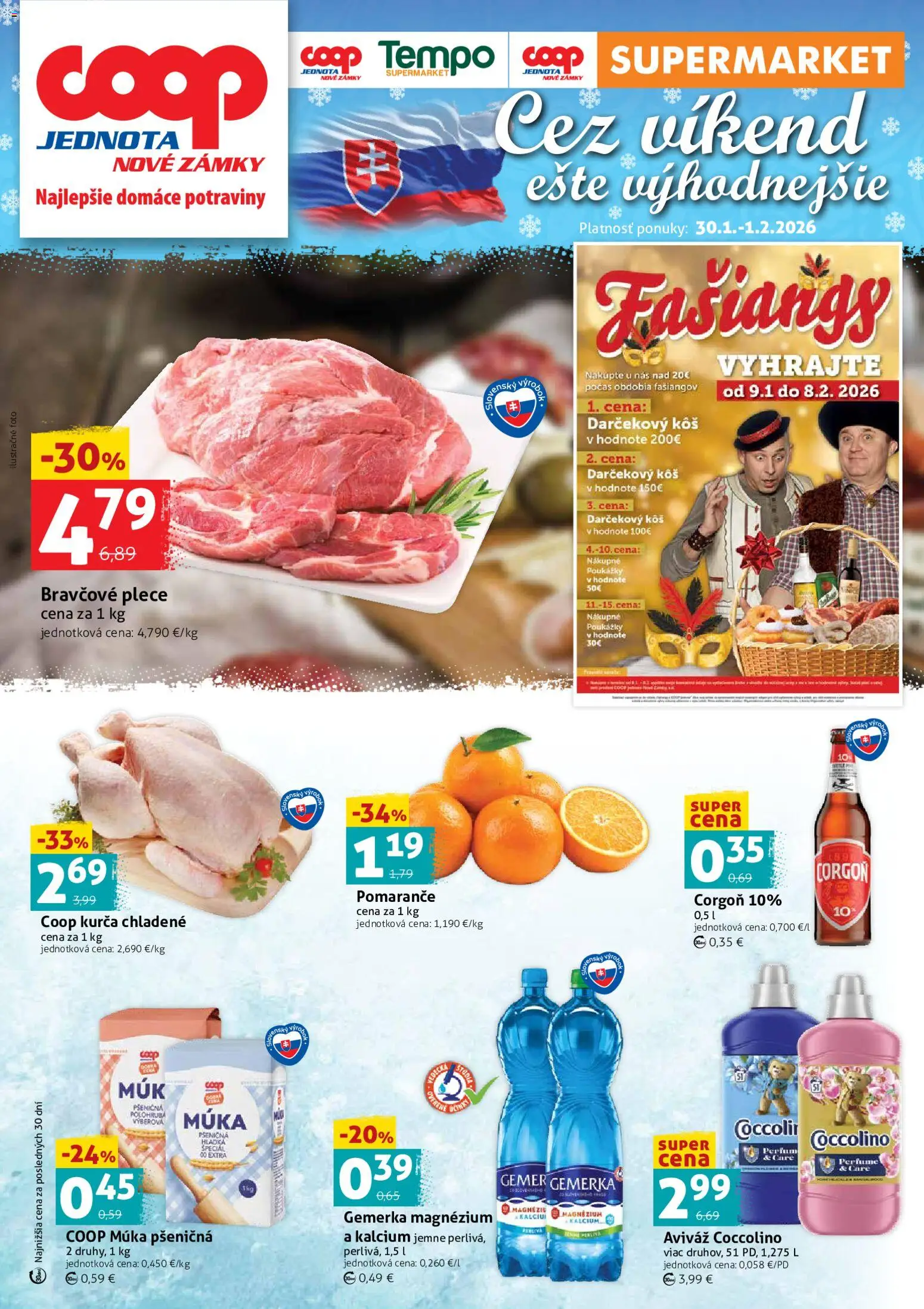 Nové COOP Jednota akcie – leták je platný od 30.01.2026 | Strana: 1 | Produkty: Kôš, Bravčové plece, Corgoň, Kurča