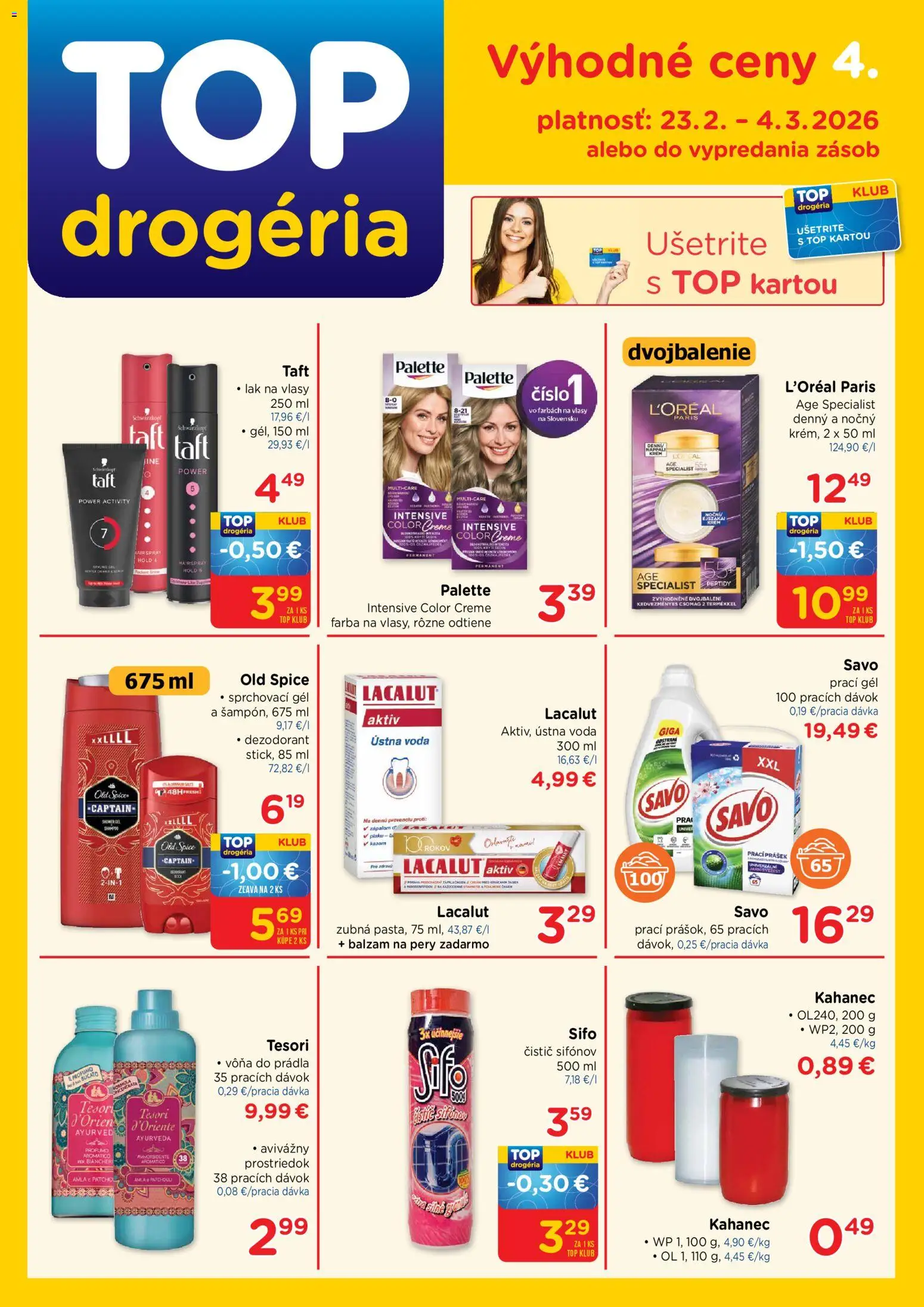 Nové TOP Drogéria akcie – leták je platný od 23.02.2026 | Strana: 1 | Produkty: Old Spice, Lak na vlasy, Ústna voda, Voda