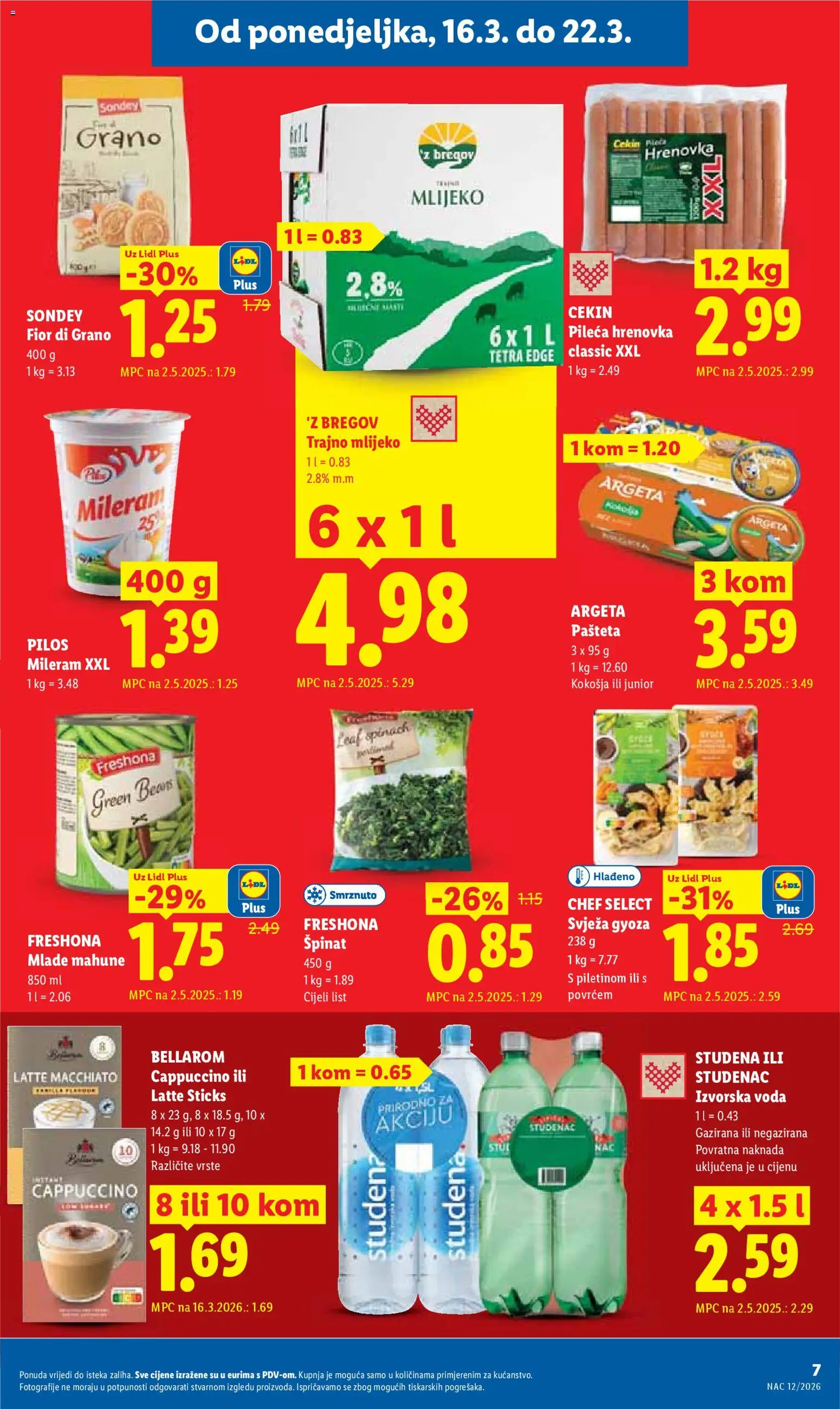 Lidl katalog | vrijedi od 16.03.2026 | Stranica: 7 | Proizvodi: Špinat, Mlijeko, Pašteta, Trajno mlijeko