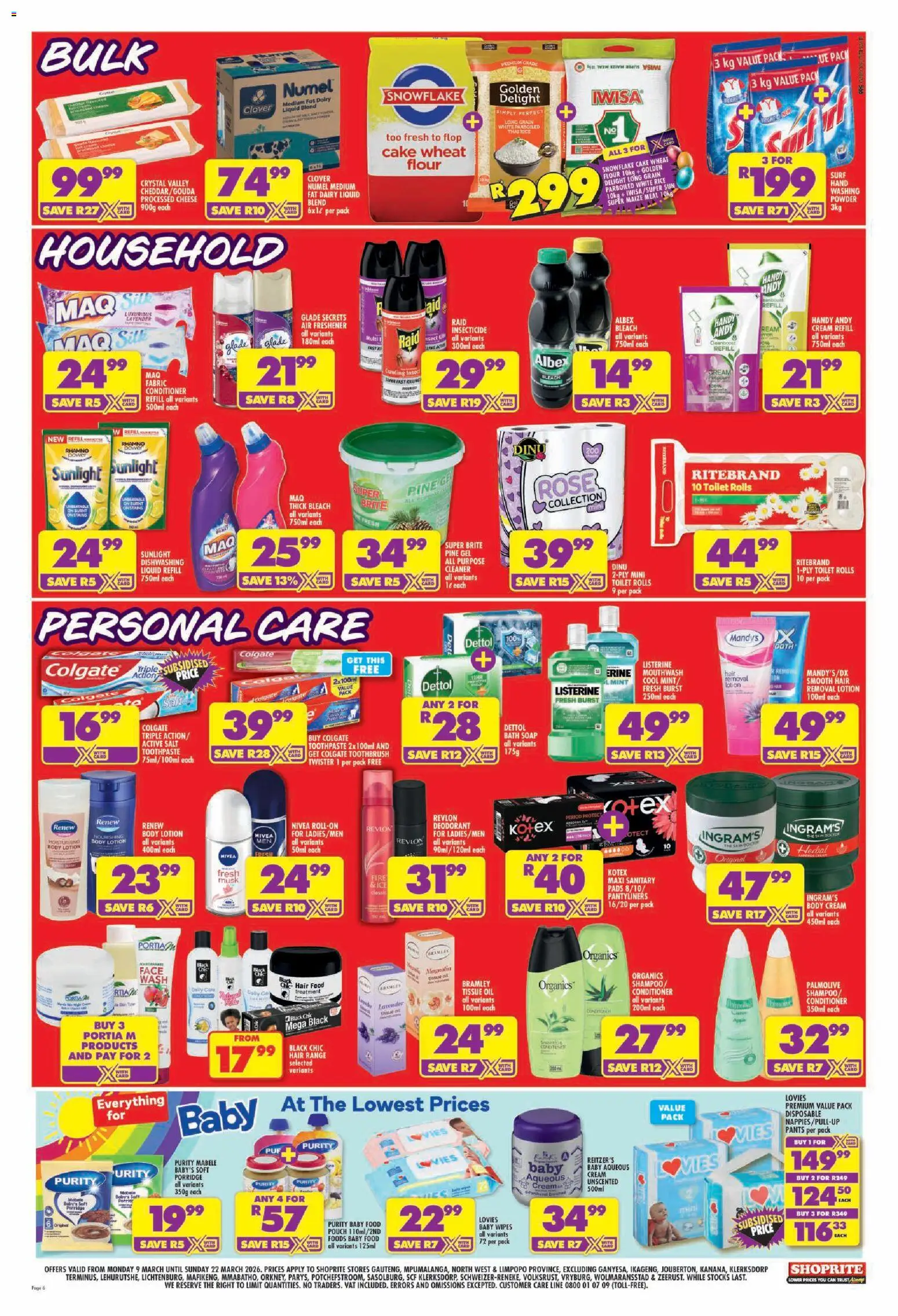 New Shoprite catalogue – valid from 09.03.2026 | Page: 6 | Products: Maize meal, Bleach, Powder, Toothpaste