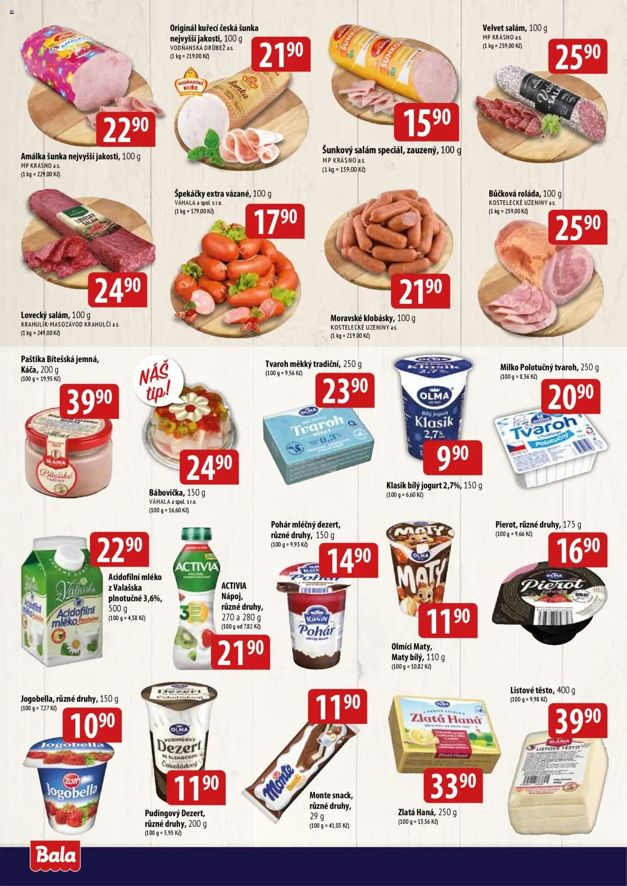 BALA velký leták + od 17.09.2025 | Strana: 2 | Produkty: Jogurt, Šunka, Špekáčky, Acidofilní mléko