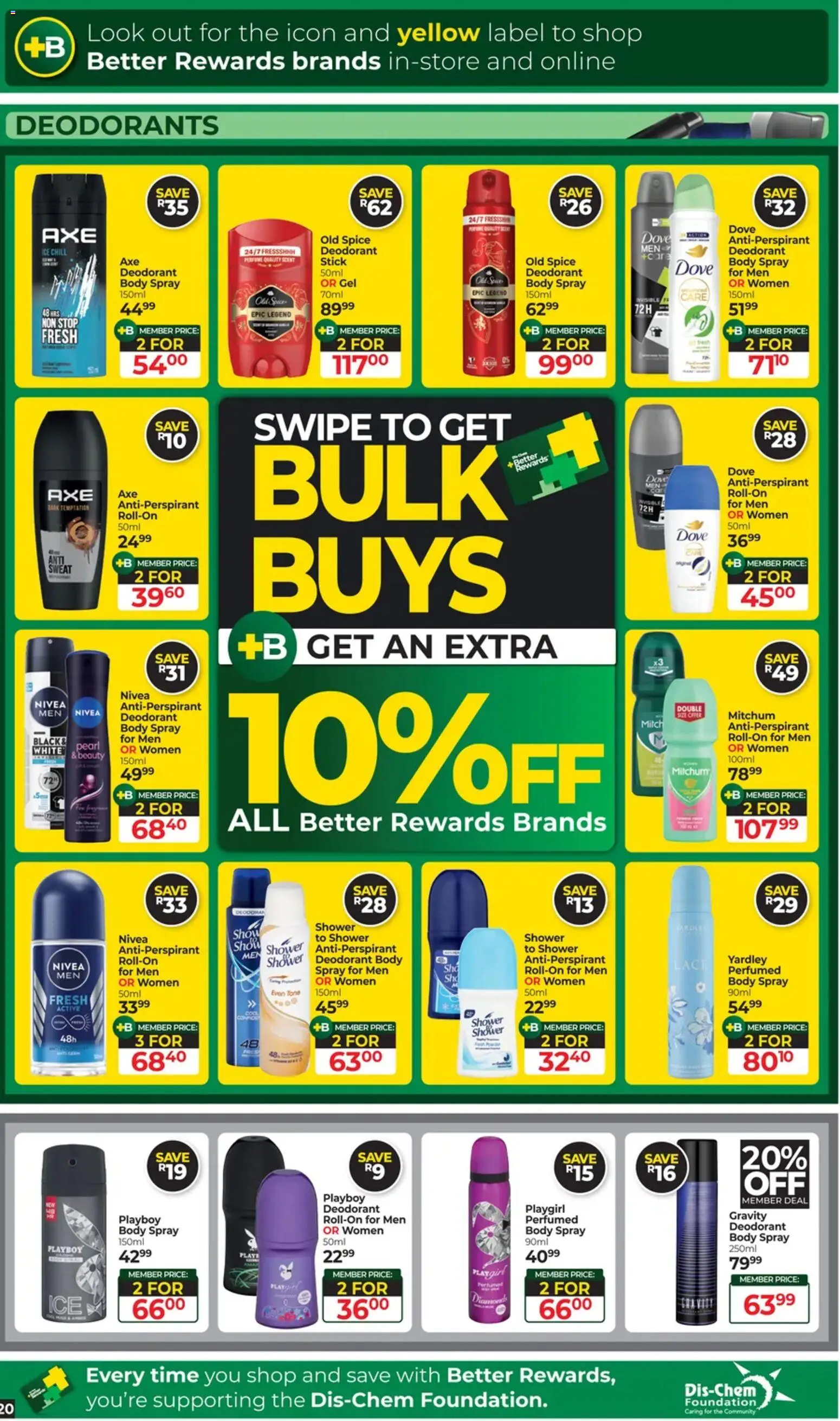 New Dis-Chem catalogue – valid from 14.04.2026 | Page: 20 | Products: Body spray, Foundation, Deodorant, Antiperspirant