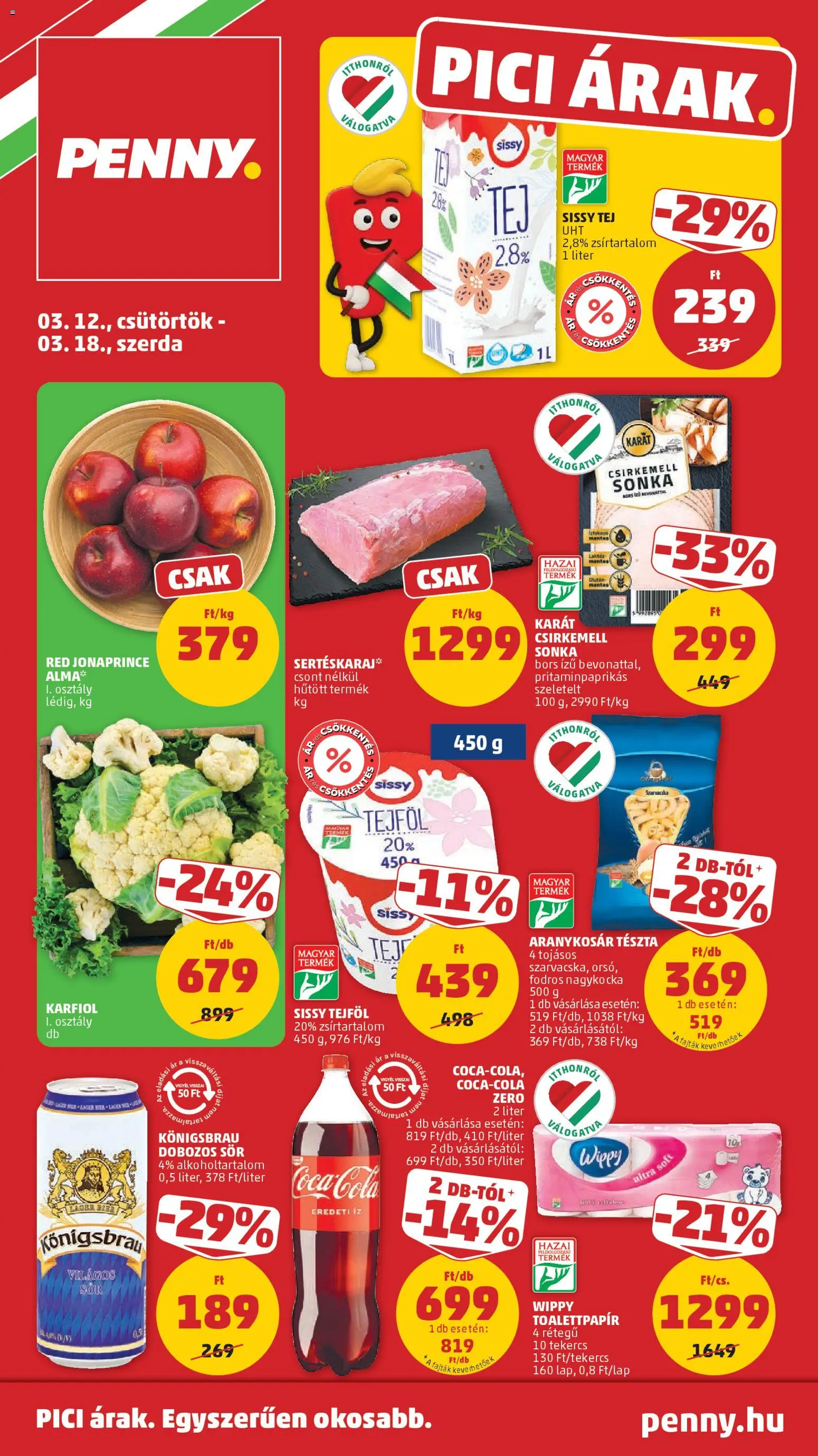 PENNY akciós ujság - amely érvényes a következő dátumtól: 12.03.2026 | Oldal: 1 | Termékek: Karfiol, Csirkemell sonka, Dobozos sör, Tejföl
