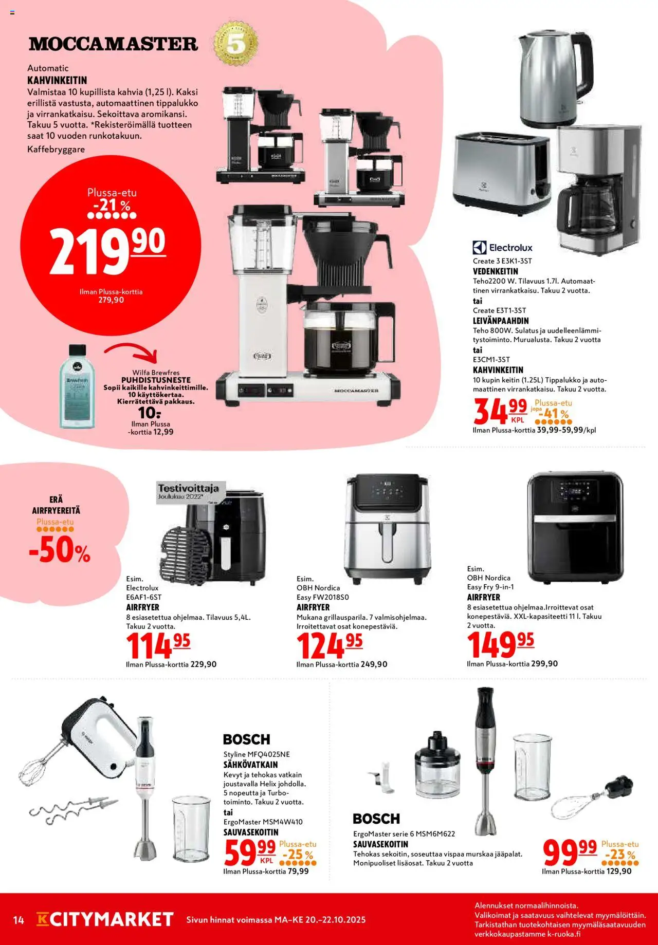 K-Citymarket tarjoukset – voimassa 20.10.2025 alkaen | Sivu: 14 | Tuotteet: Kahvinkeitin, Vedenkeitin, Leivänpaahdin, Sauvasekoitin