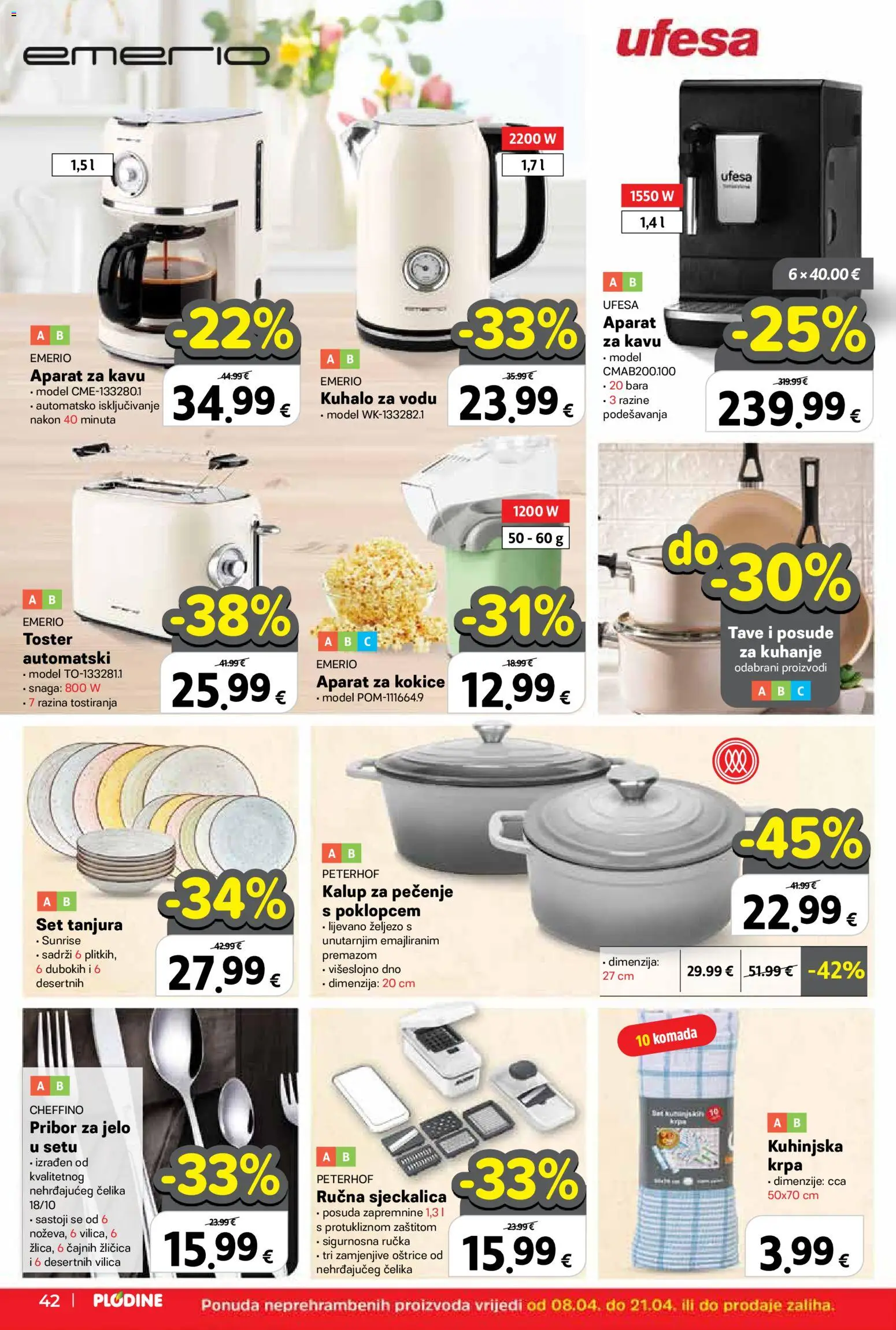 Plodine katalog | vrijedi od 08.04.2026 | Stranica: 42 | Proizvodi: Aparat za kavu, Kuhalo za vodu, Set tanjura, Kokice