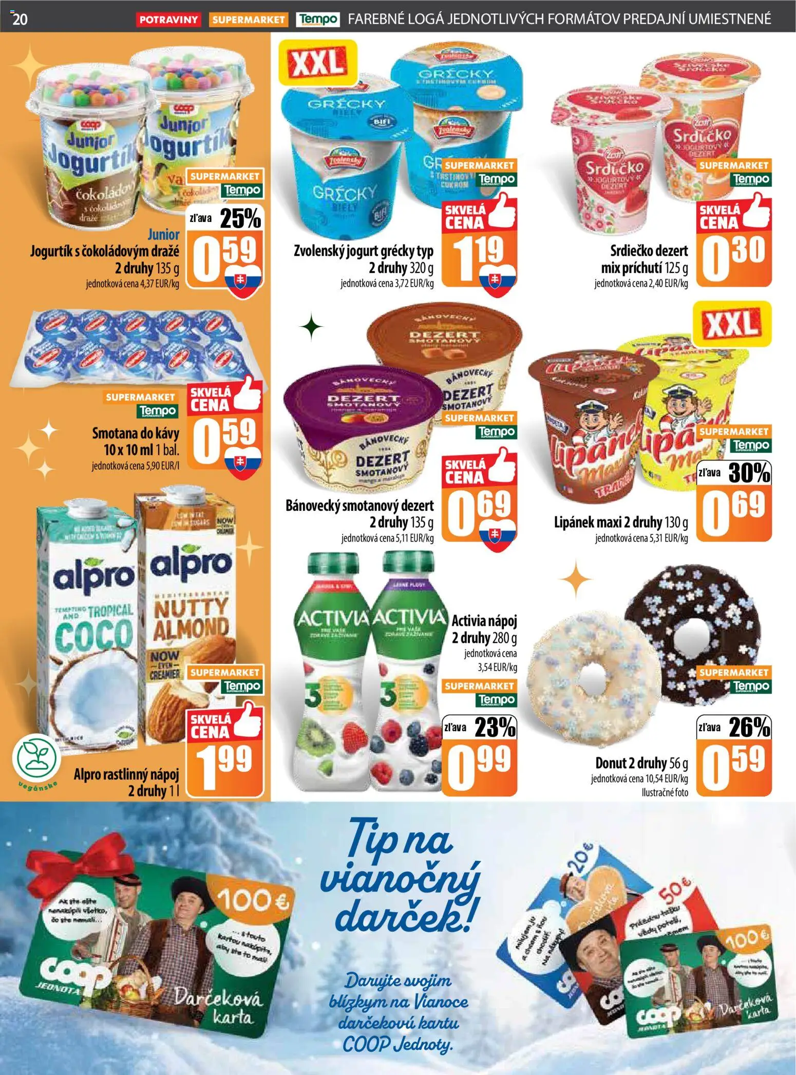 Nové COOP Jednota akcie – leták je platný od 18.12.2025 | Strana: 20 | Produkty: Jogurt, Donut, Smotana, Alpro