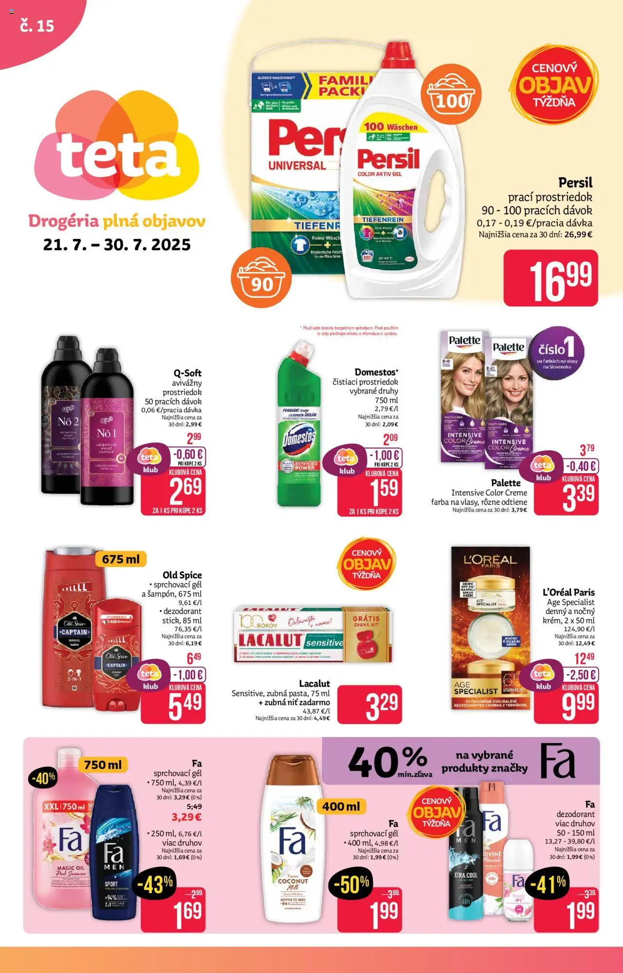 Teta drogerie leták │ platný od 21.07.2025 | Strana: 1 | Produkty: Old Spice, Dezodorant, Čistiaci prostriedok, Domestos