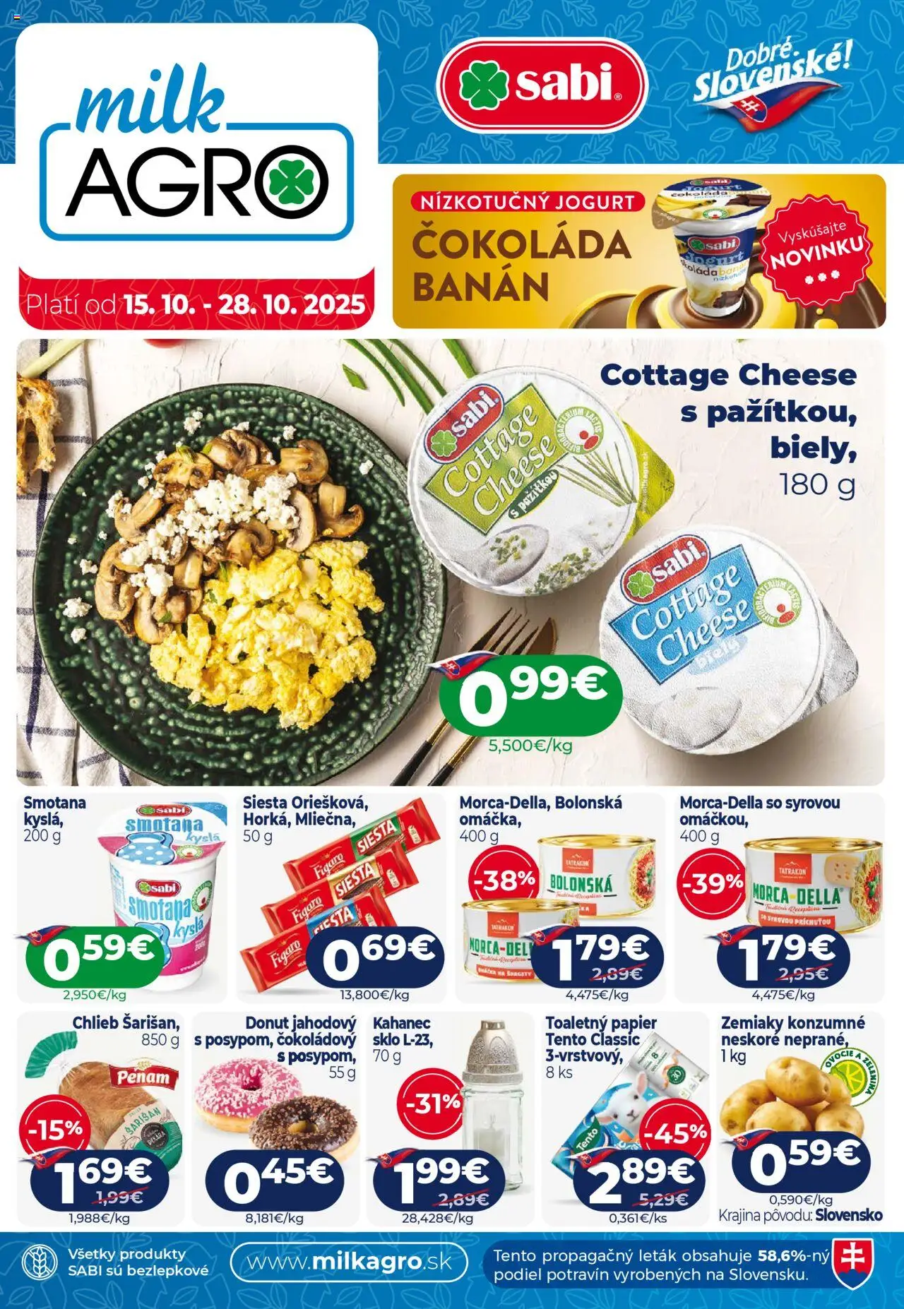 Nové Milk Agro akcie – leták je platný od 15.10.2025 | Strana: 1 | Produkty: Chlieb, Zemiaky, Špagety, Ovocie