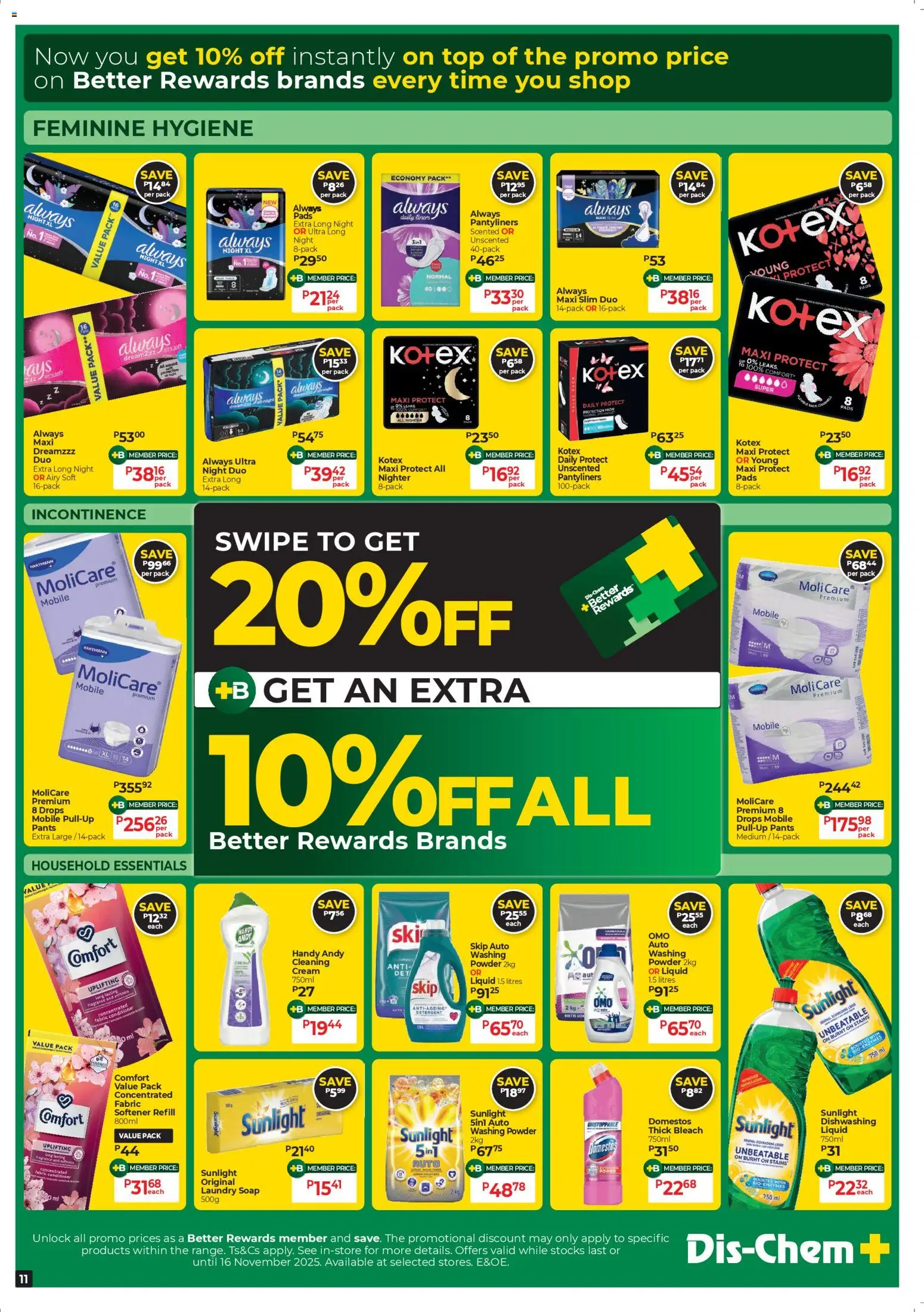 New Dis-Chem catalogue – valid from 21.10.2025 | Page: 11 | Products: Pants, Pads, Powder, Cream