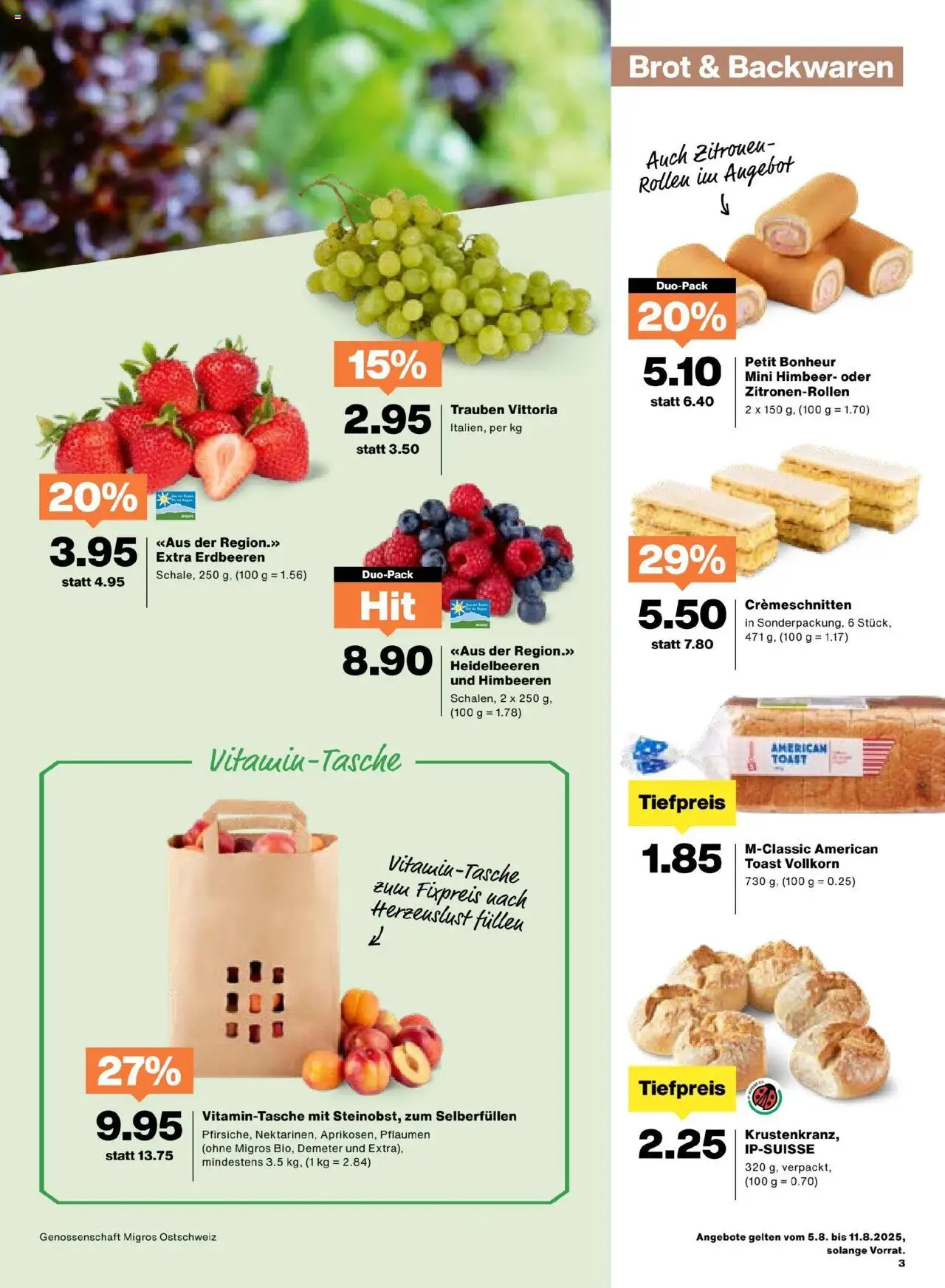 Migros Aktionen ab 05.08.2025 | Seite: 3 | Produkte: Kammerjunker, Brot, Erdbeeren