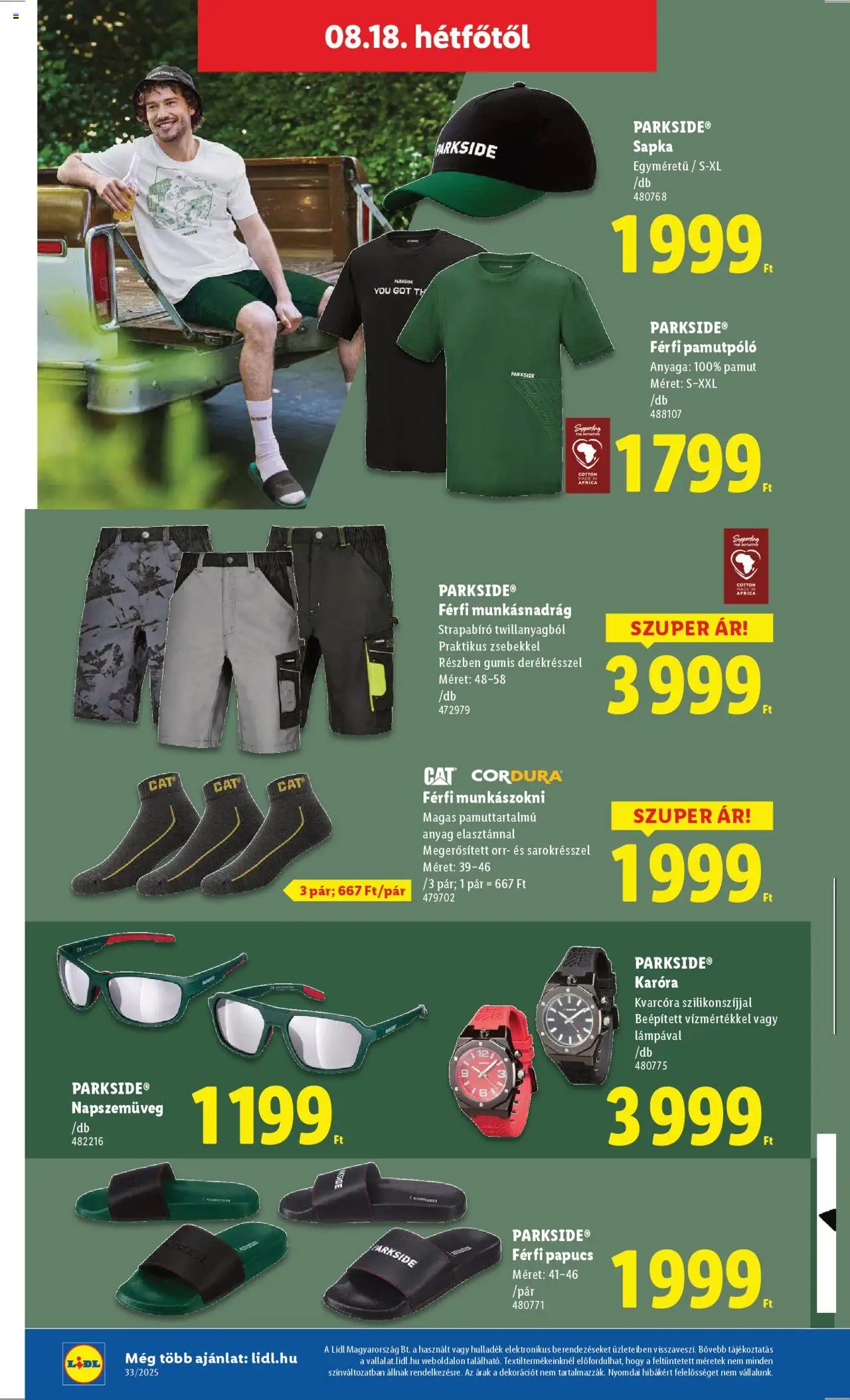 Lidl akciós ujság - amely érvényes a következő dátumtól: 14.08.2025 | Oldal: 50 | Termékek: Papucs, Sapka, Napszemüveg, Munkásnadrág