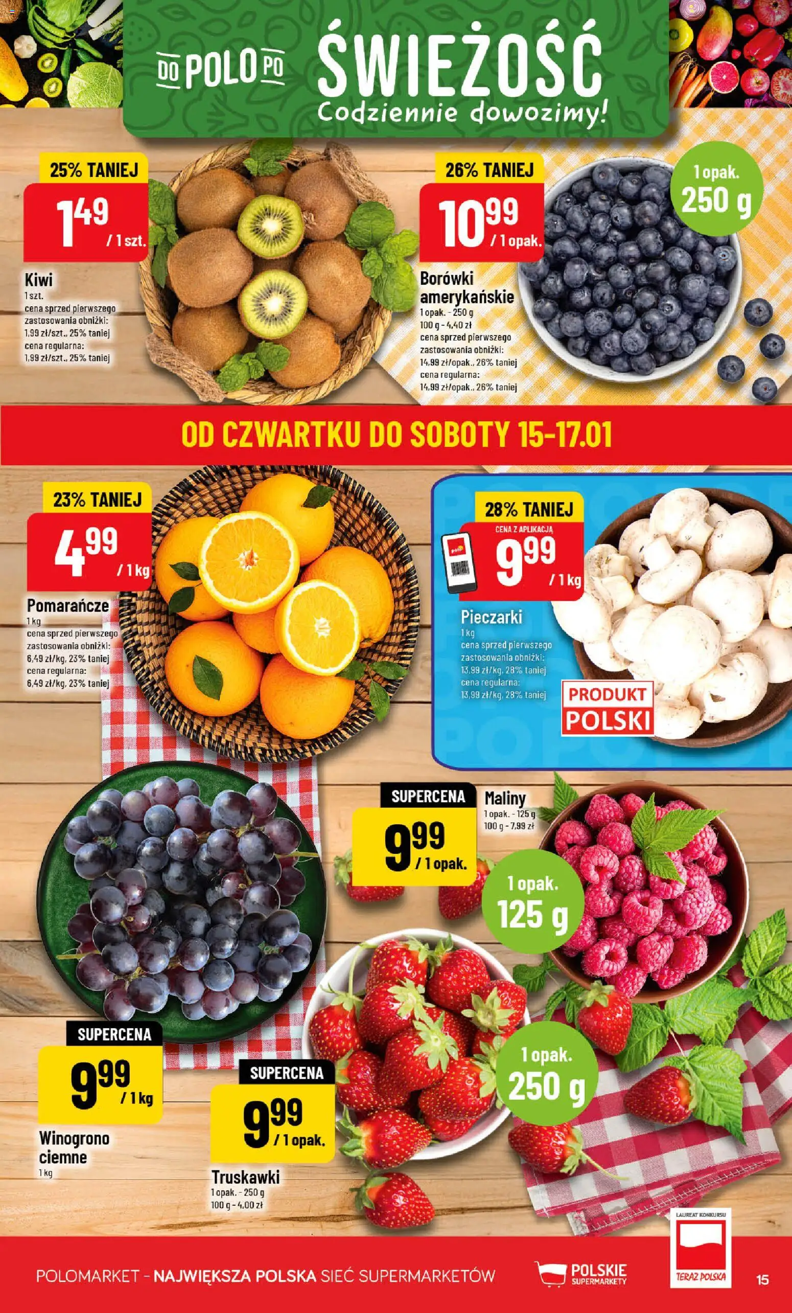 POLOmarket Gazetka od 14.01.2026 | Strona: 15 | Produkty: Maliny, Winogrono, Pieczarki, Truskawki