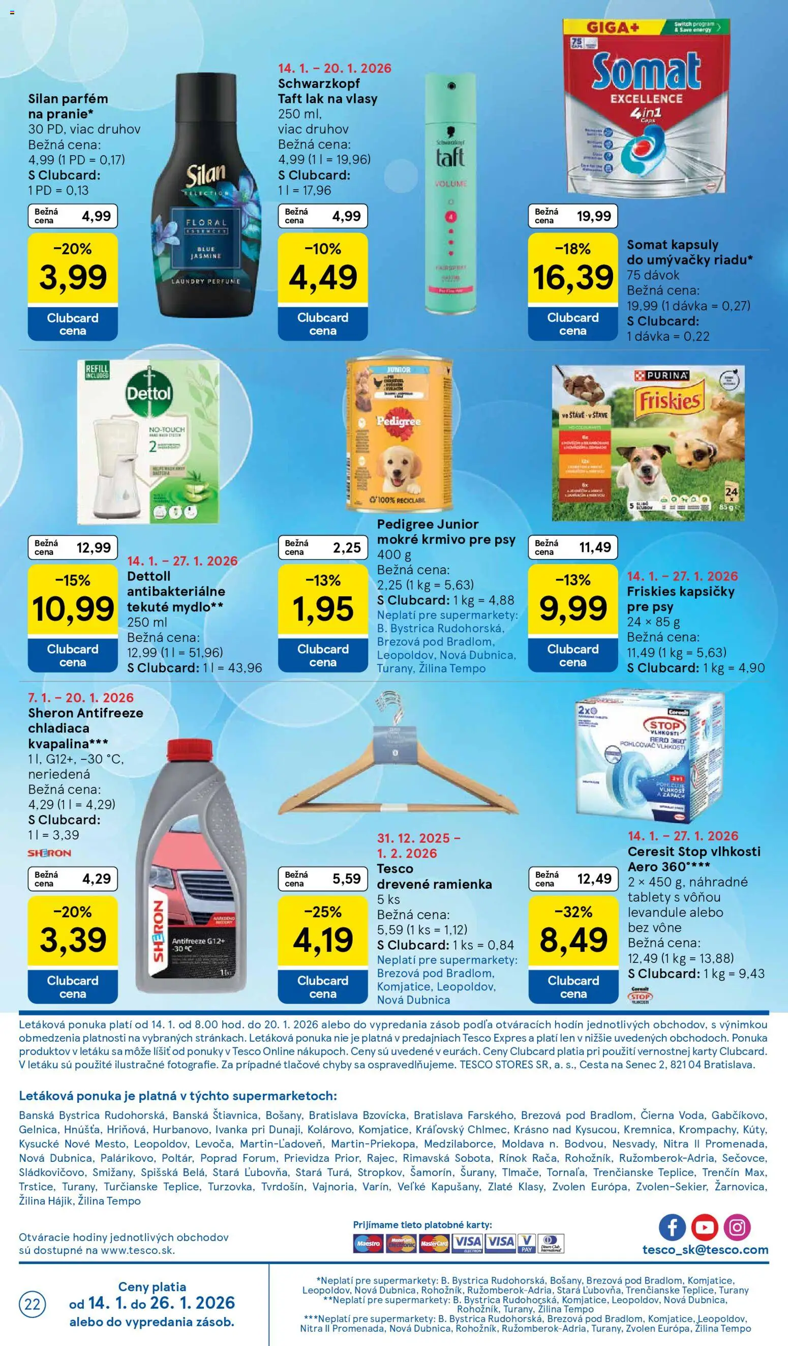 Nové Tesco akcie – leták je platný od 14.01.2026 | Strana: 22 | Produkty: Hodiny, Pohlcovač vlhkosti, Lak na vlasy, Dettol