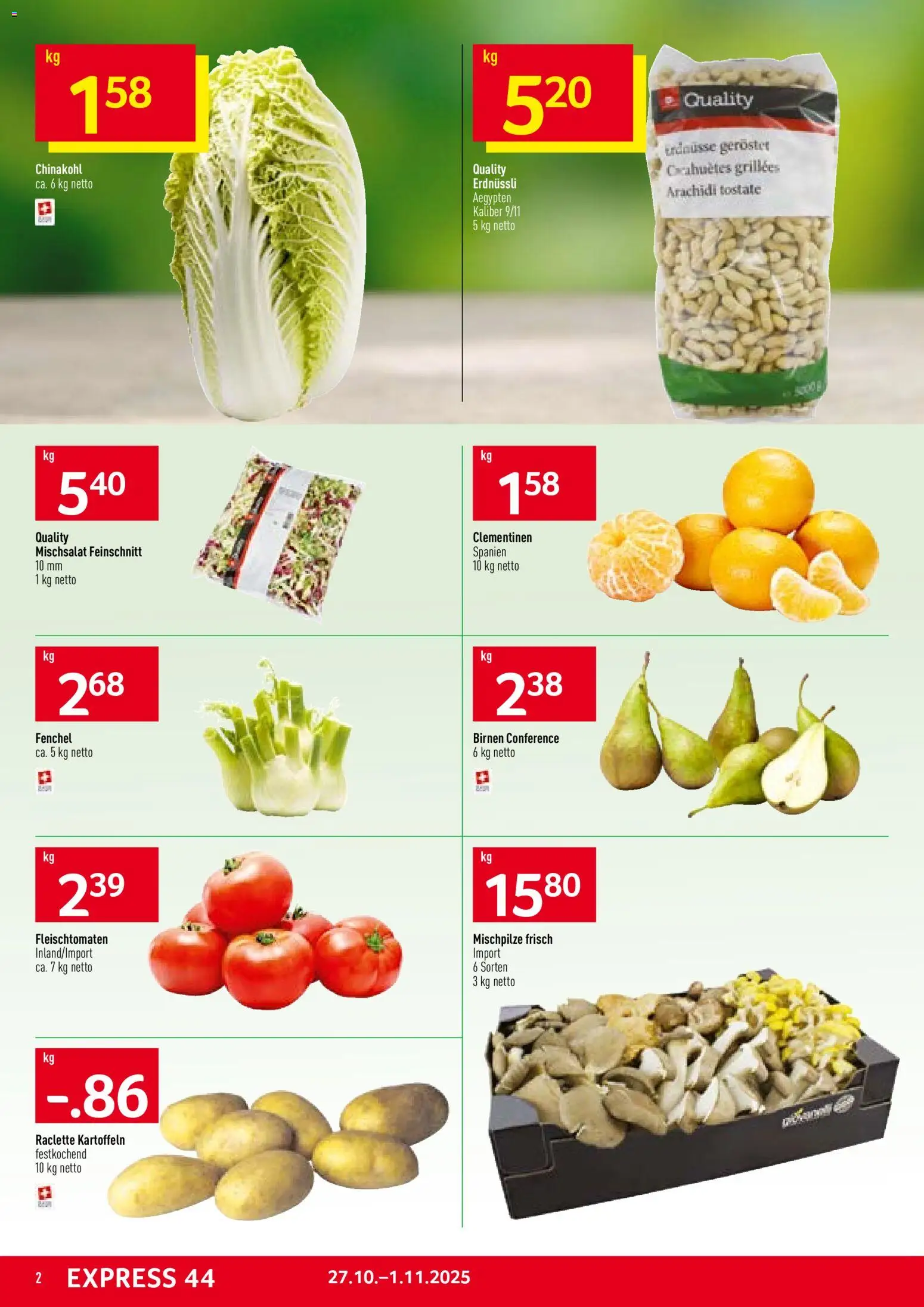 Prodega Aktionen – gültig ab 27.10.2025 | Seite: 2 | Produkte: Erdnüsse, Chinakohl, Kartoffeln, Raclette