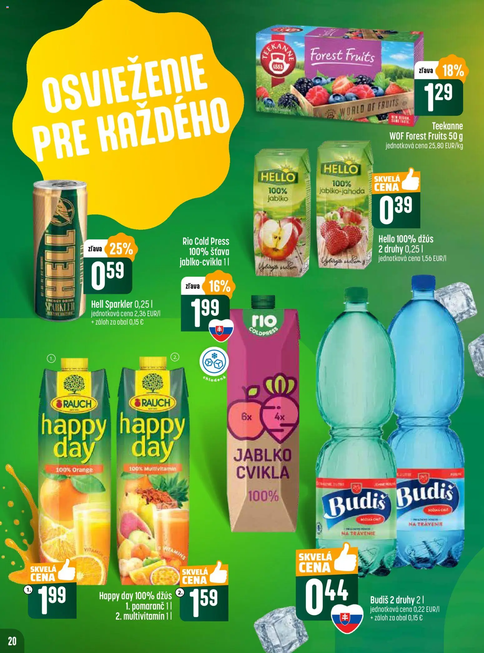 Nové COOP Jednota akcie – leták je platný od 13.11.2025 | Strana: 20 | Produkty: Džús, Budiš, Cvikla, Teekanne