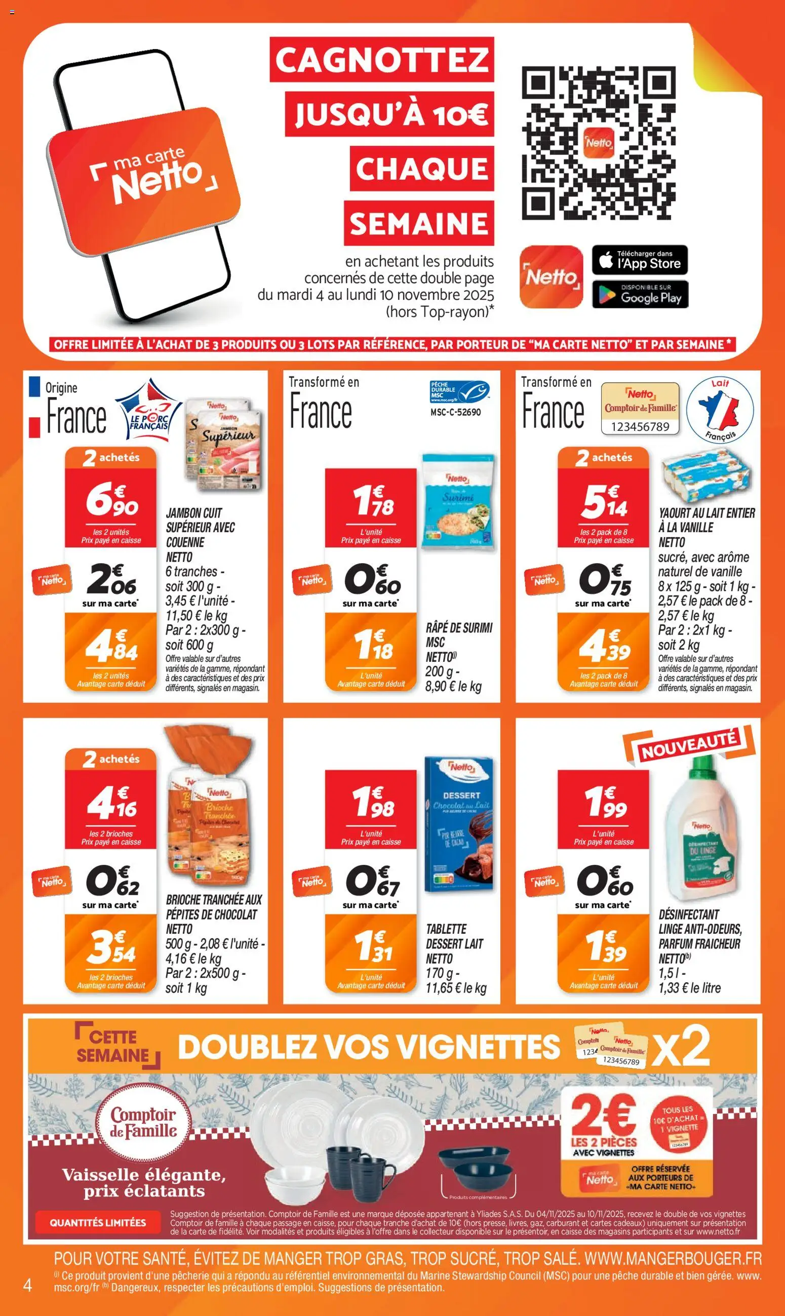 {H1} | Page: 4 | Produits: Pêche, Lait, Chocolat, Jambon