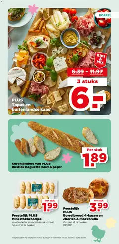 Feestelijk PLUS Borrelbrood 4-kazen en chorizo & mozzarella, Party bread with 4 cheeses and chorizo & mozzarella. To bake yourself. - Voorbeeld van een folder van Plus, geldig van 01.04.2026 | Pagina: 27