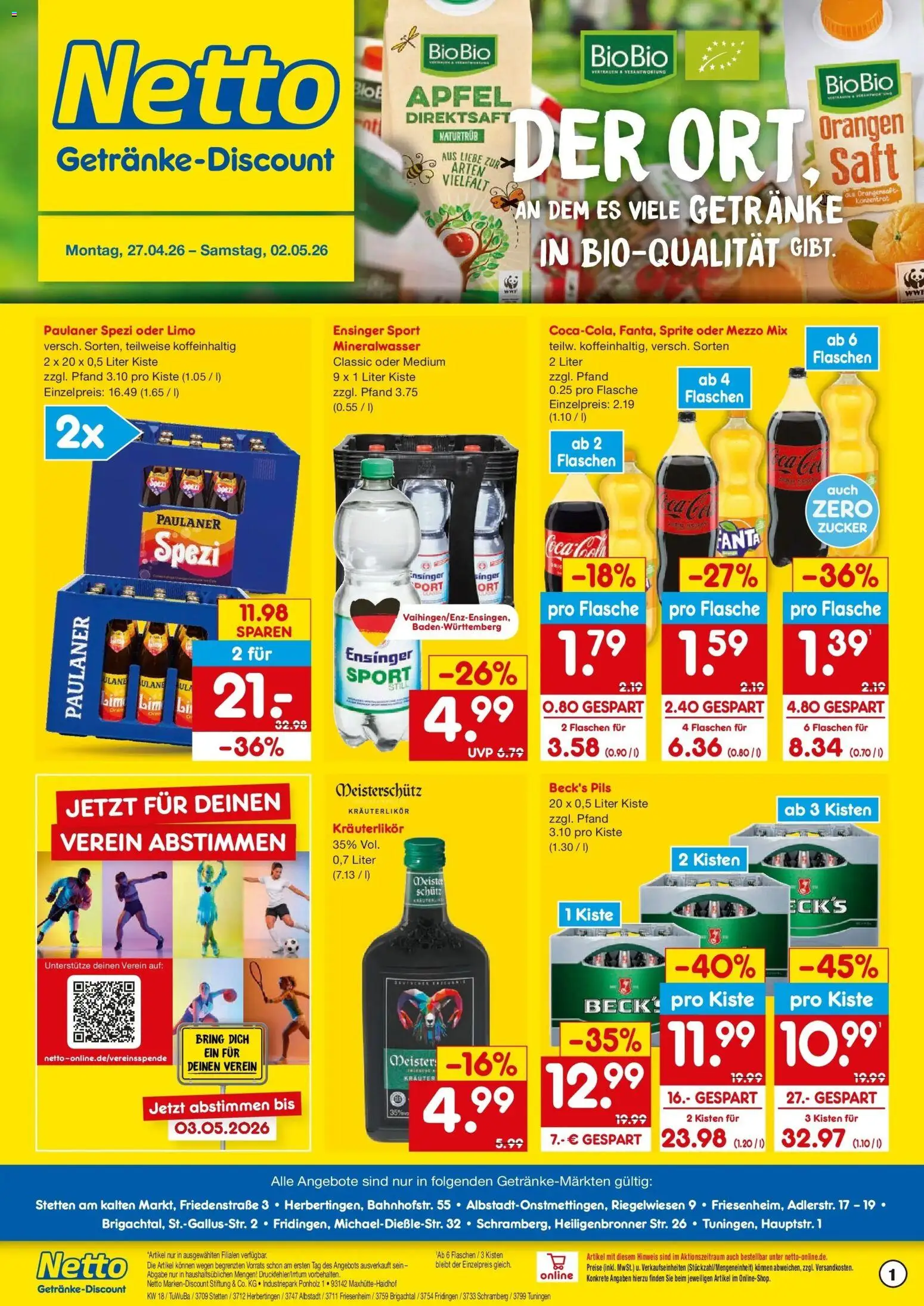 Netto Marken-Discount Prospekt Friesenheim	 – gültig ab 27.04.2026 | Seite: 1 | Produkte: Sprite, Paulaner spezi, Orangen, Orangensaft
