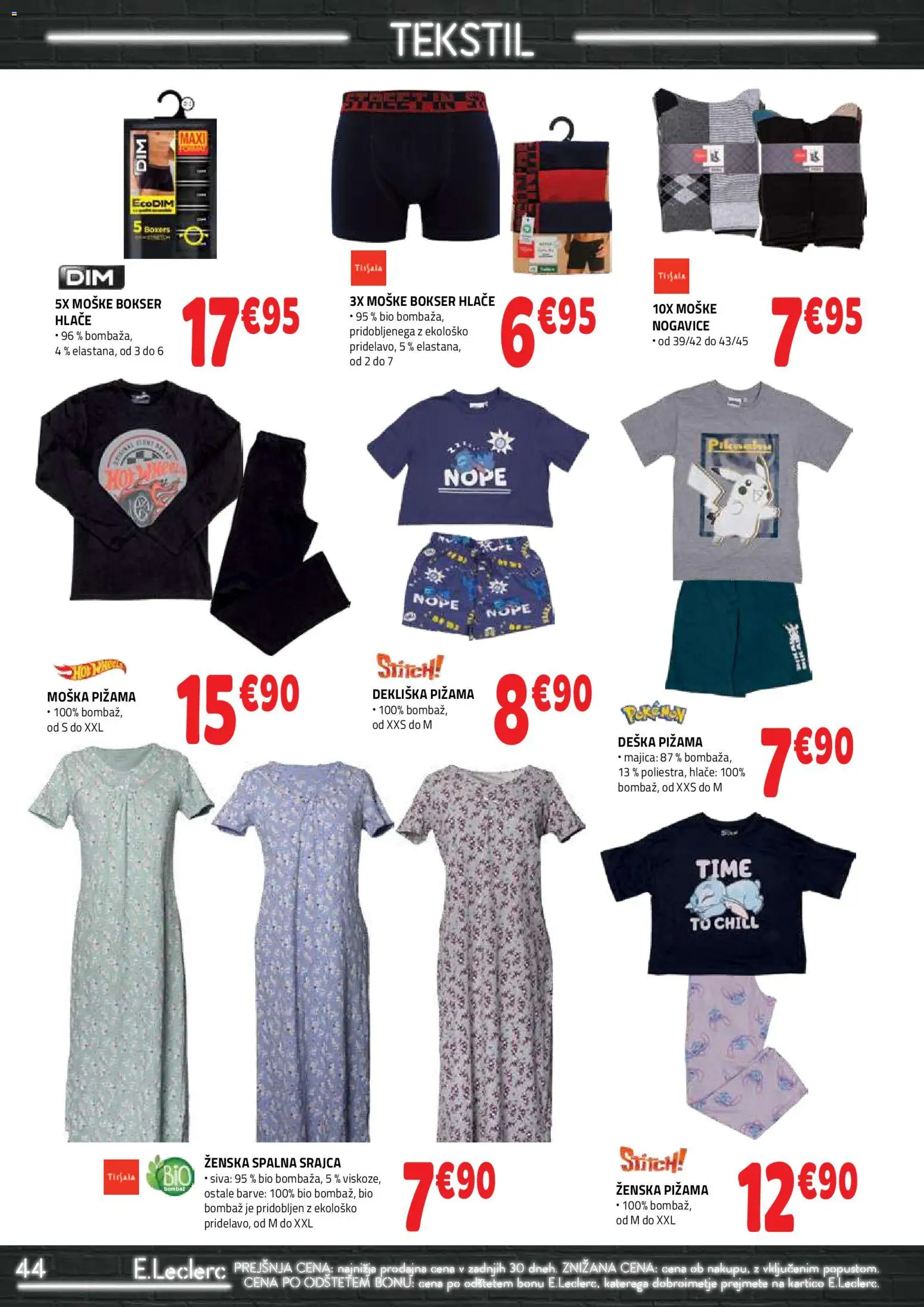 Novi E.leclerc katalog ponudbe – veljaven od 25.03.2026 | Stran: 44 | Izdelki: Pižama, Majica, Hlace, Nogavice