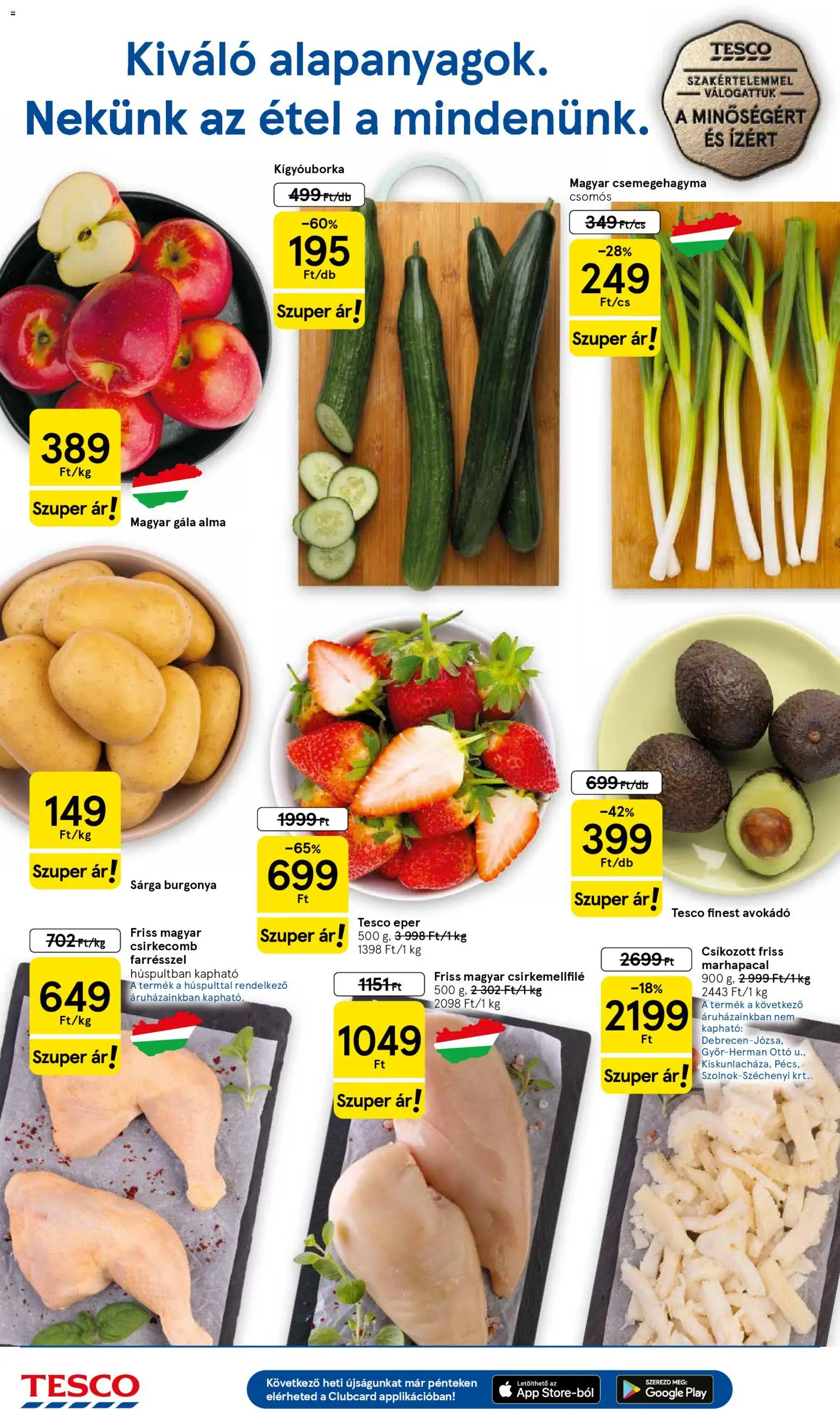 Tesco akciós ujság - amely érvényes a következő dátumtól: 23.04.2026 | Oldal: 2 | Termékek: Burgonya, Kígyóuborka, Eper, Csirkecomb