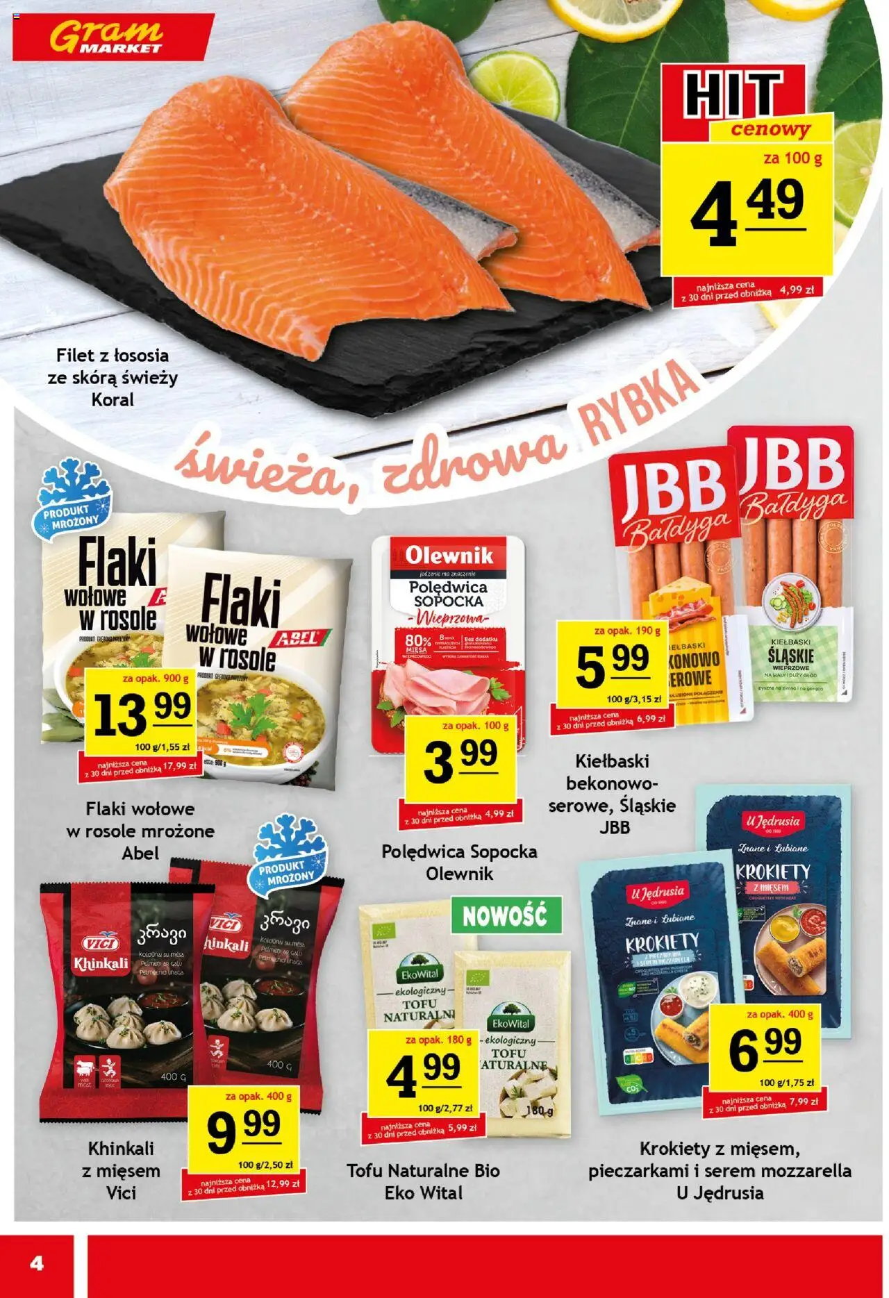 Gram Market Gazetka od 06.08.2025 | Strona: 4 | Produkty: Krokiety, Flaki wołowe, Filet z łososia, Mozzarella