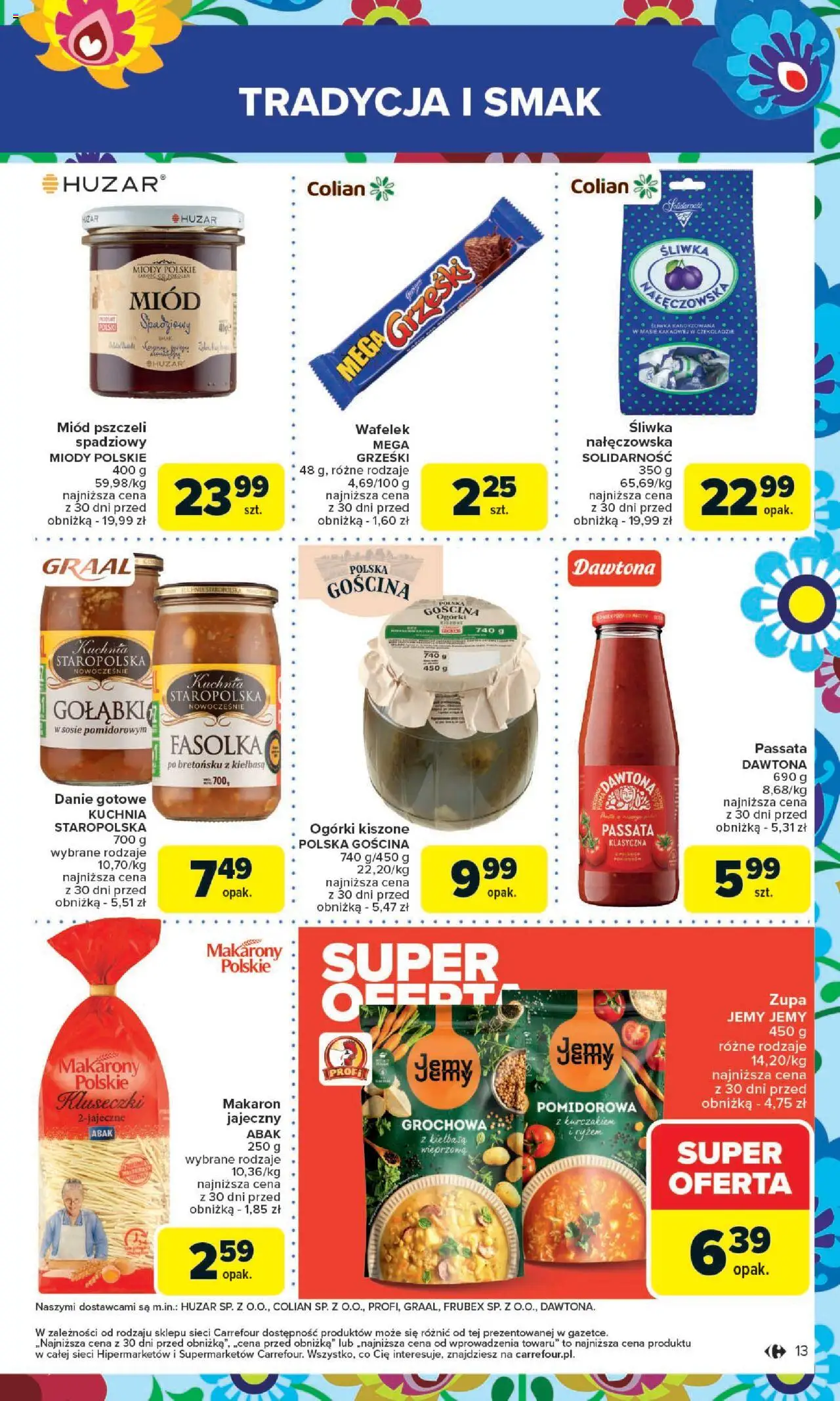 Carrefour Gazetka od 25.08.2025 | Strona: 13 | Produkty: Kiełbasa, Miód, Zupa, Makaron