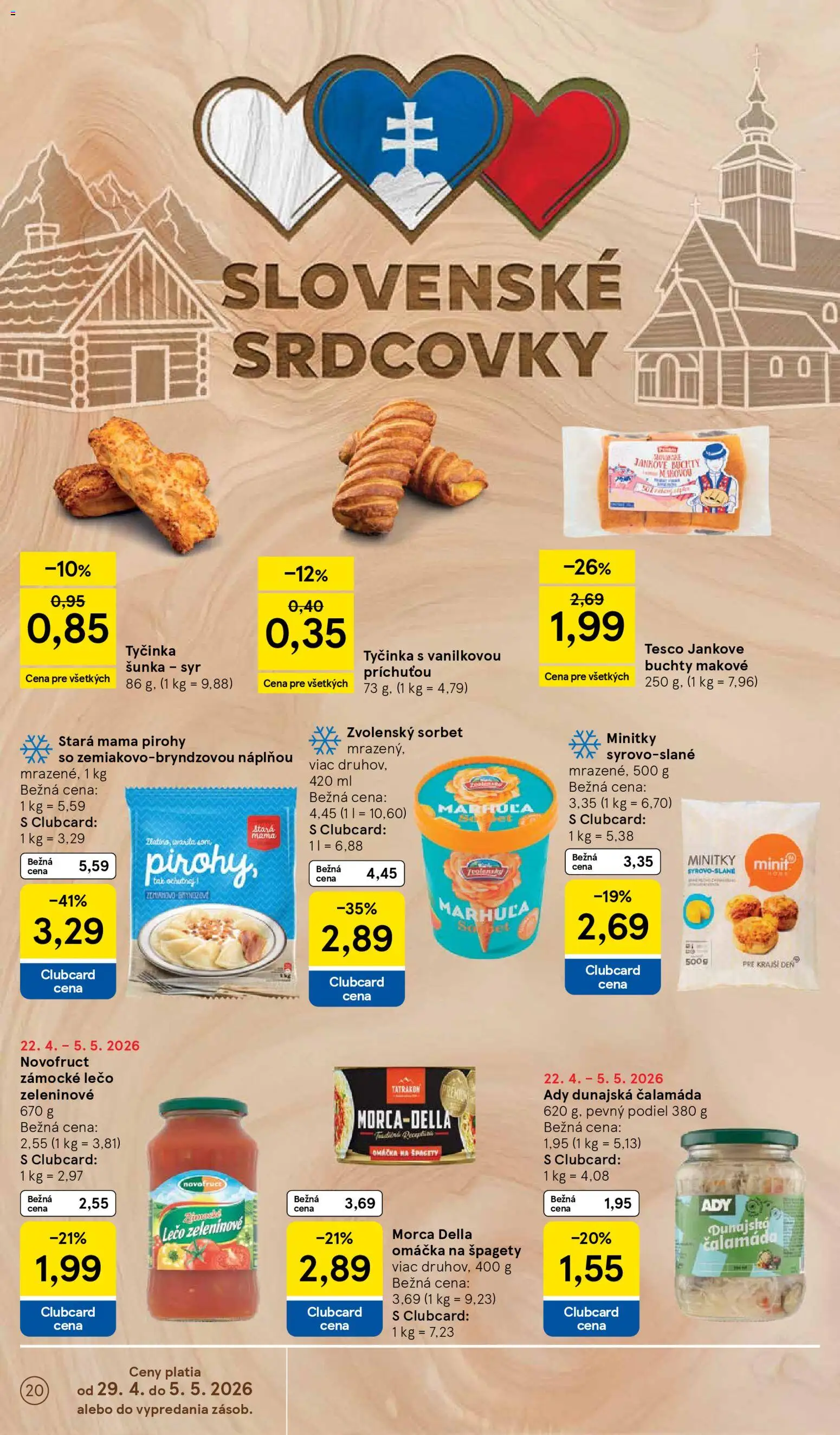Nové Tesco akcie – leták je platný od 29.04.2026 | Strana: 20 | Produkty: Syr, Šunka, Sorbet, Špagety